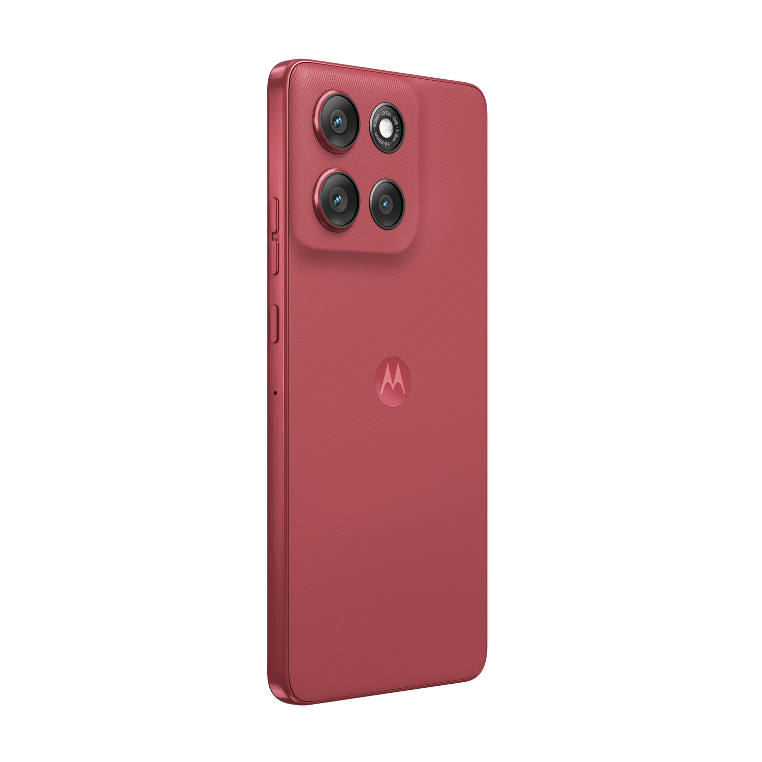 A red Motorola smartphone is shown from the back. It has four camera lenses. The background is solid black.