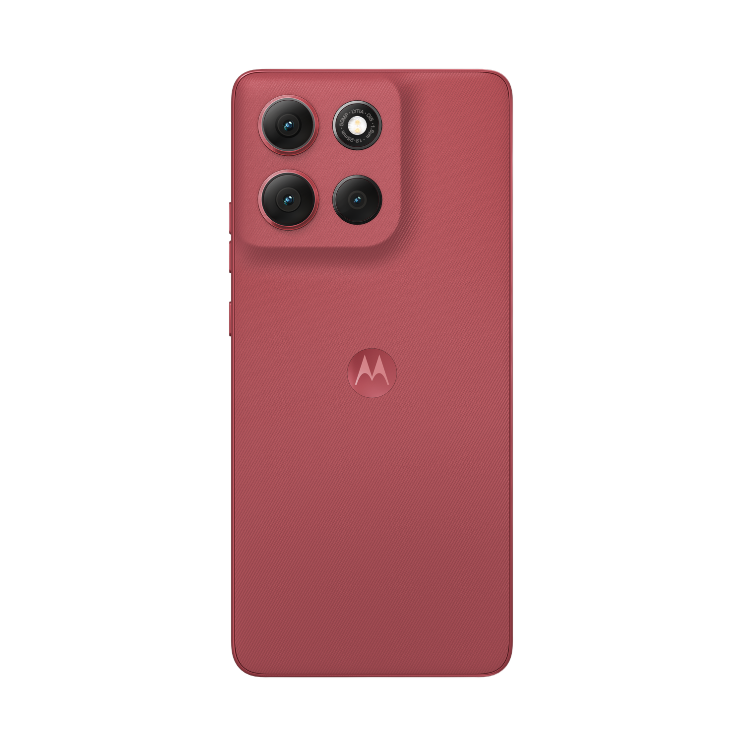 A red Motorola phone is shown from the back. It has four cameras and a Motorola logo. The background is black.
