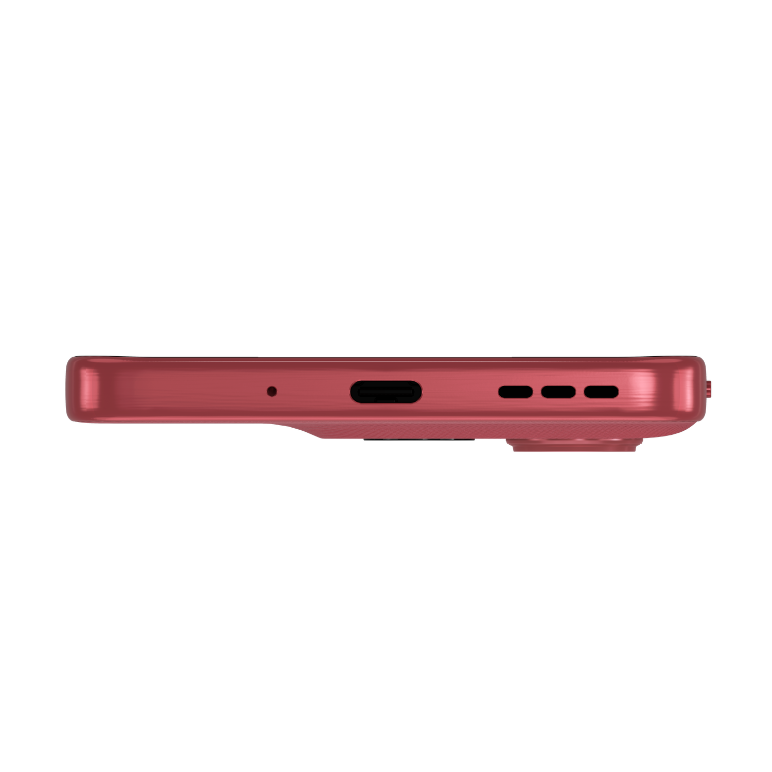 A close-up of a pink phone's bottom edge. It shows a charging port, speaker holes, and a microphone. The background is black.
