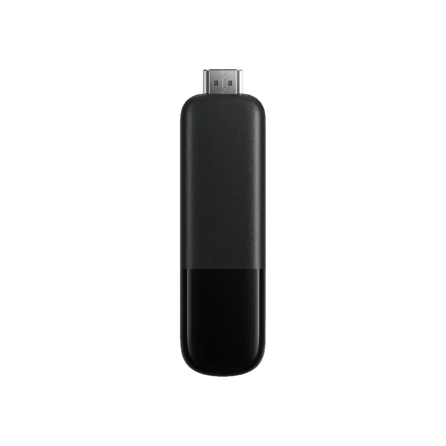 Een zwart, rechthoekig apparaat met een USB-connector aan de bovenkant, mogelijk een streamingapparaat, tegen een witte achtergrond.