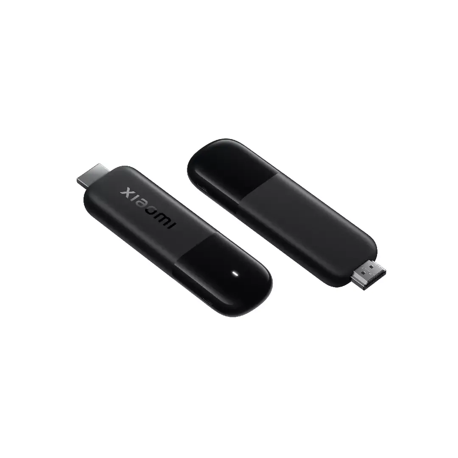 Twee zwarte Xiaomi streaming-apparaten. Eén toont het Xiaomi-logo. Beide hebben USB-C- en USB-connectoren.