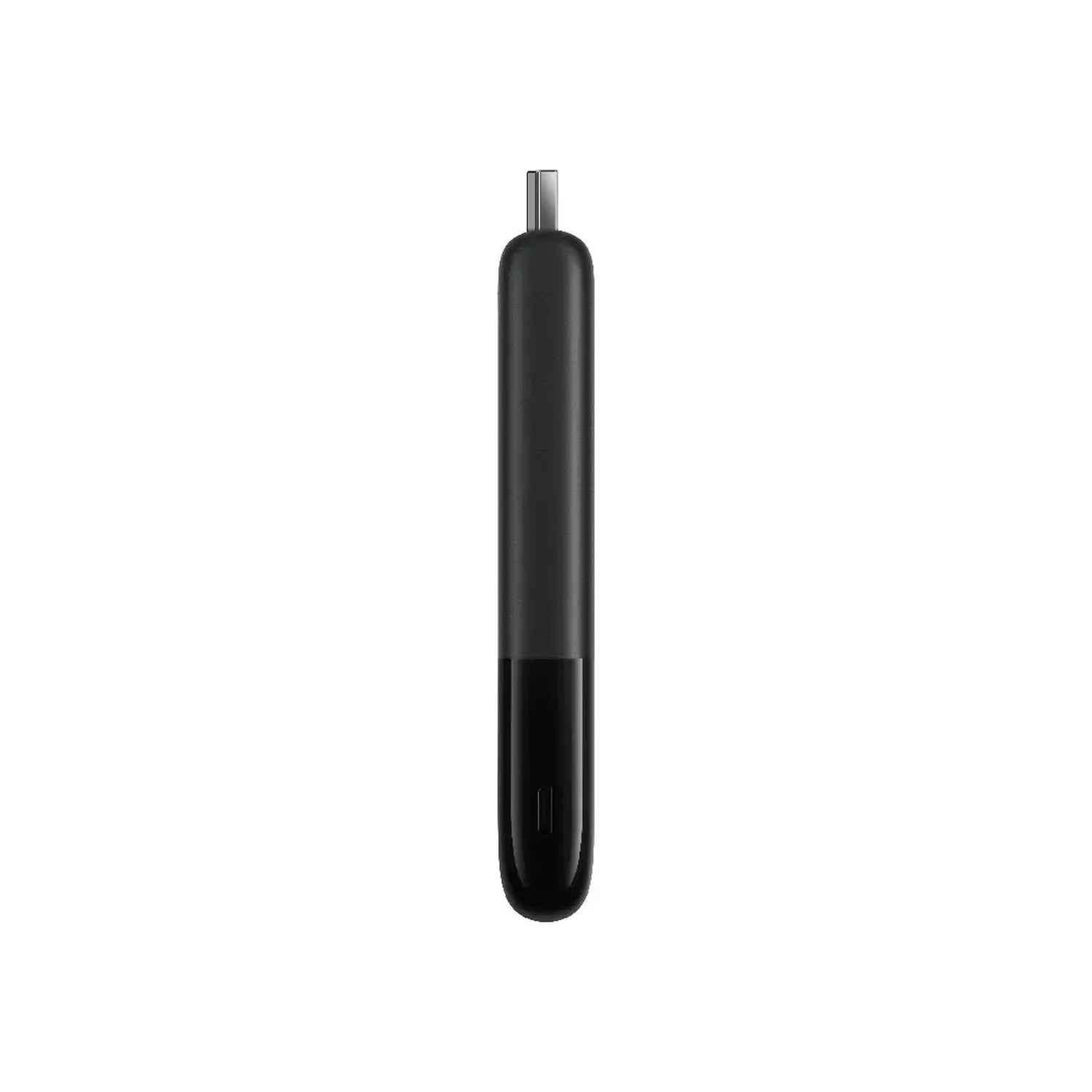 Een zwart, cilindrisch apparaat met een USB-connector aan de bovenkant en een glanzend onderste gedeelte, tegen een witte achtergrond.