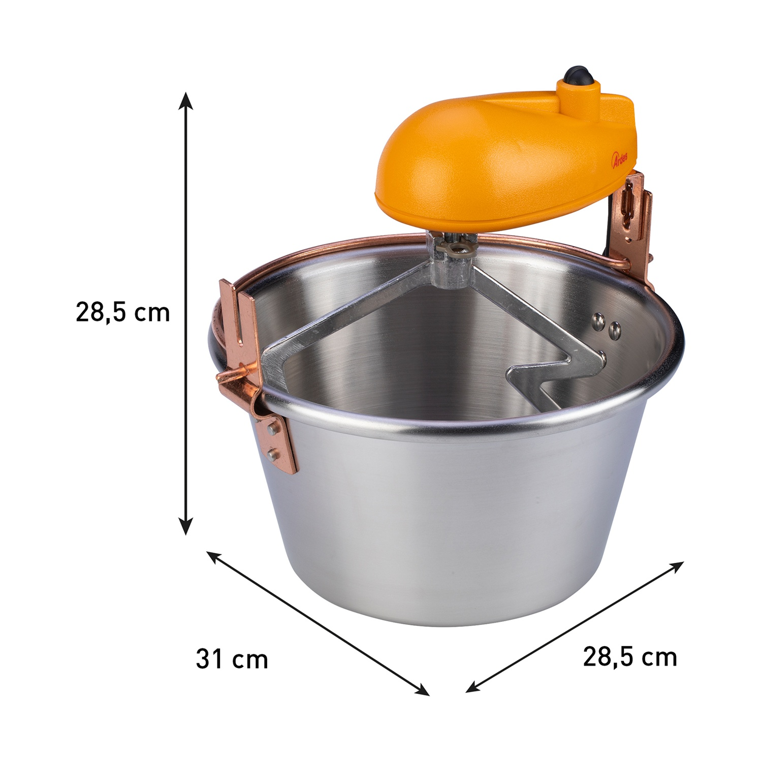 Un mixer elettrico arancione è montato sopra una ciotola in acciaio inossidabile, con frecce che indicano le dimensioni: 28,5 cm, 31 cm e 28,5 cm.