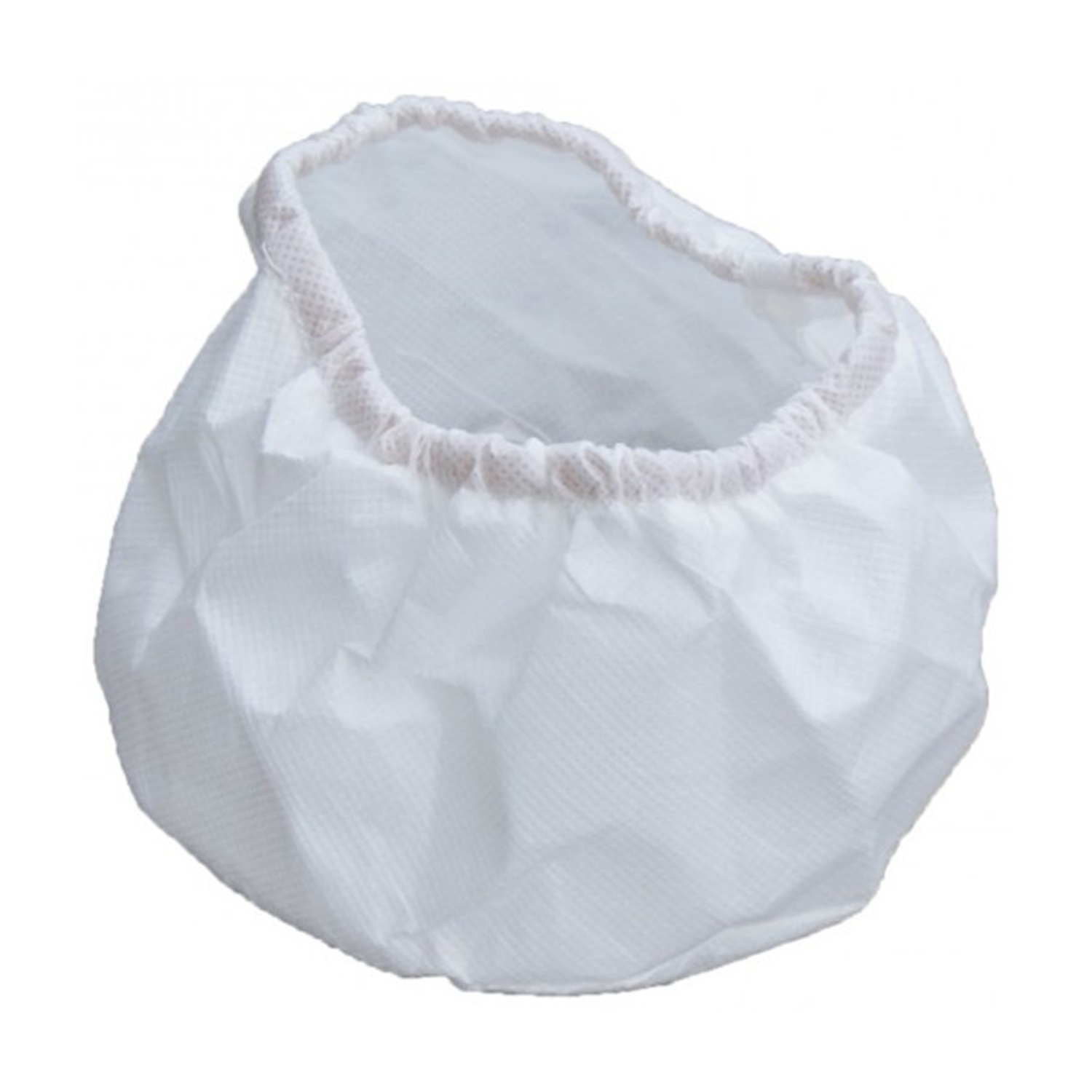 Un sacco filtro bianco con apertura e bordo con coulisse. Il materiale sembra essere un tessuto fine e tessuto.