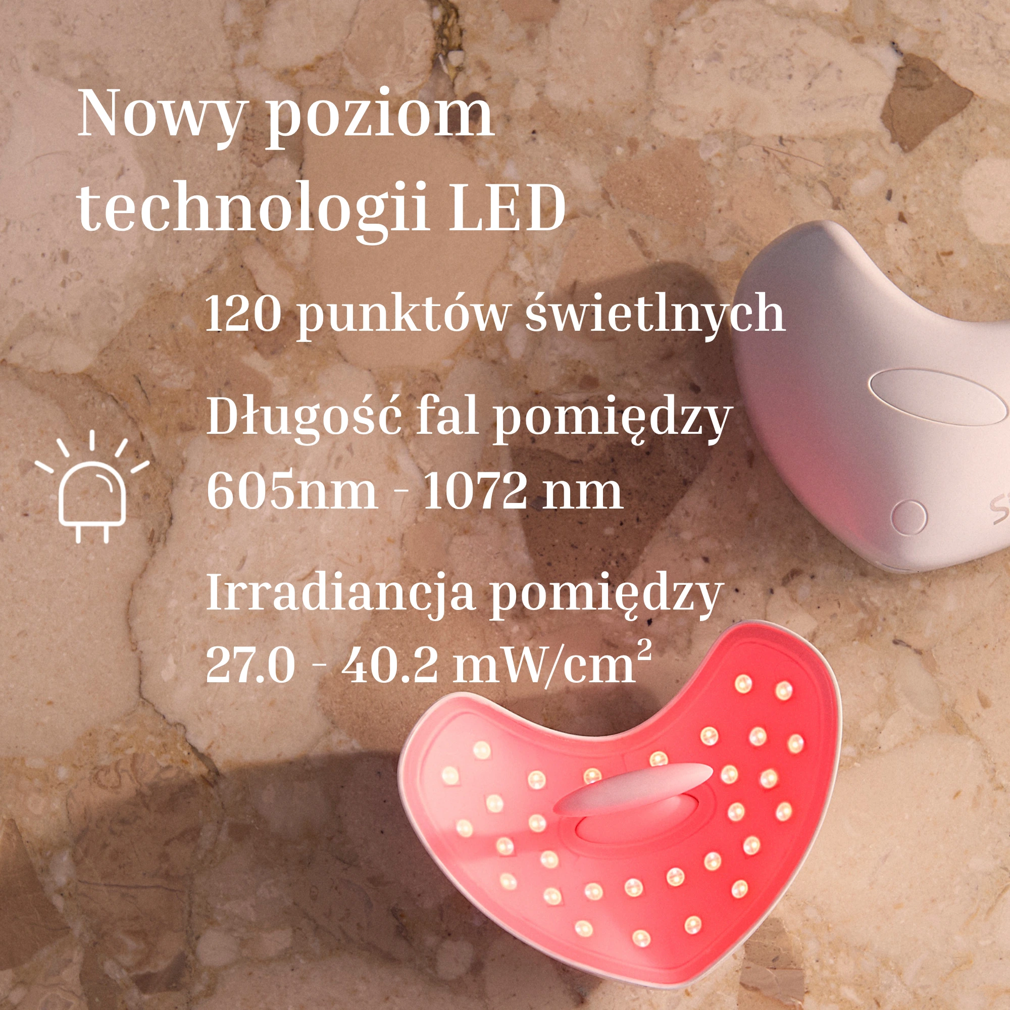 Obraz pokazuje szczegóły technologii LED. Widoczne jest różowe urządzenie ze światłami. Tekst zawiera dane dotyczące długości fali i napromieniowania.