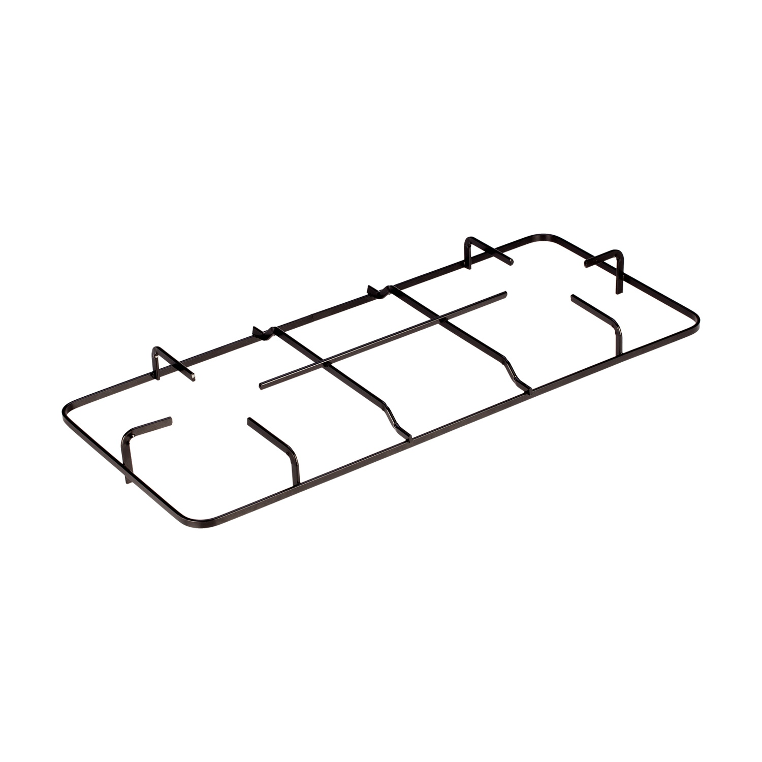 Una griglia nera rettangolare per piano cottura in metallo è isolata su sfondo bianco. Ha un design a griglia con elementi di supporto.
