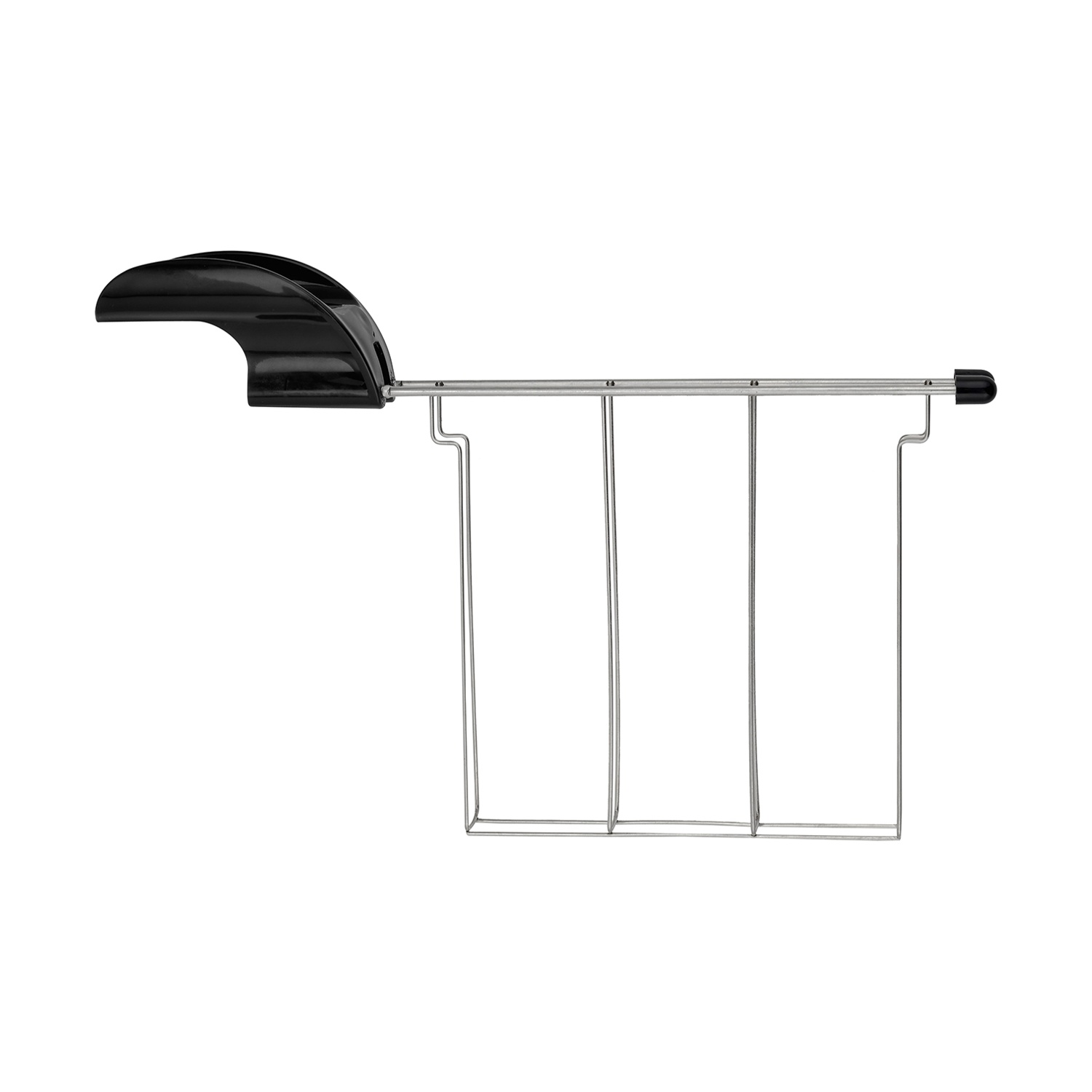 Una maniglia di plastica nera collegata a un telaio metallico argentato con tre scomparti rettangolari, su sfondo bianco.