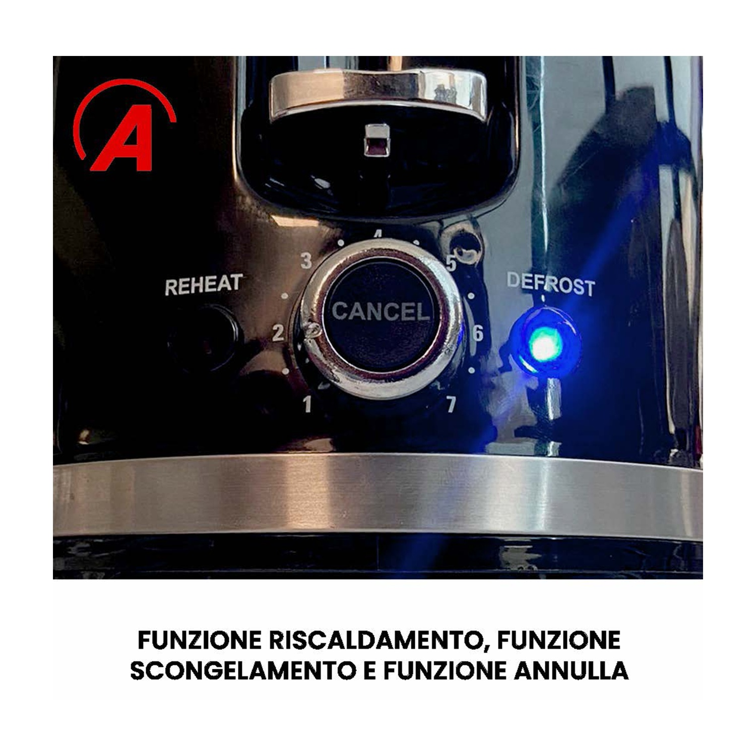 Un tostapane nero con comandi a manopola e pulsanti per riscaldare, scongelare e annullare. Una luce blu indica la funzione di scongelamento.