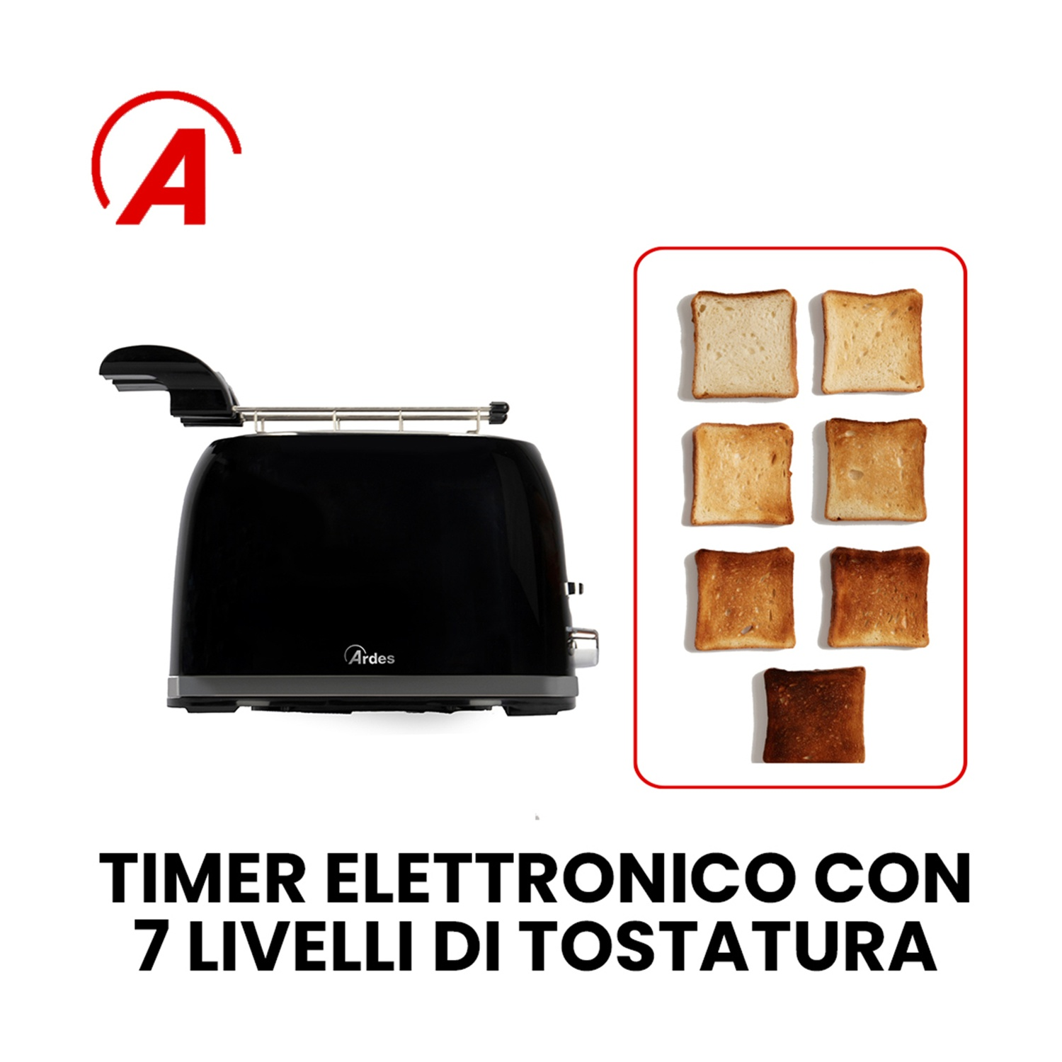 Un tostapane nero con fette di pane tostato che mostrano diversi livelli di doratura e il testo 'TIMER ELETTRONICO CON 7 LIVELLI DI TOSTATURA'.