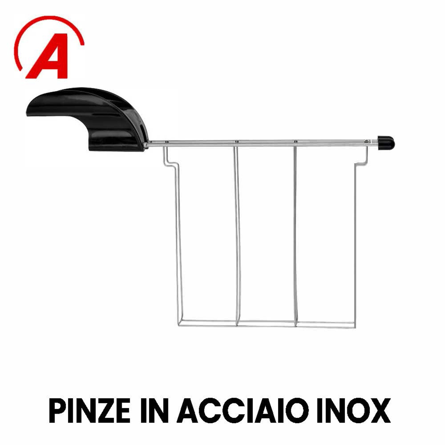 Pinze in acciaio inox con manico e logo 'A' rosso. Il testo in basso dice 'PINZE IN ACCIAIO INOX'.