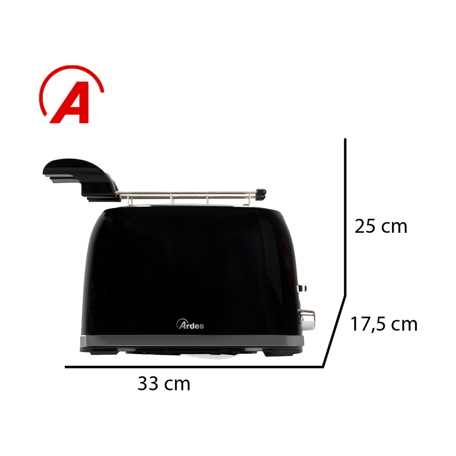 Un tostapane nero con manico argentato. Dimensioni: 33 cm, 25 cm e 17,5 cm. È visibile un logo Ardes.