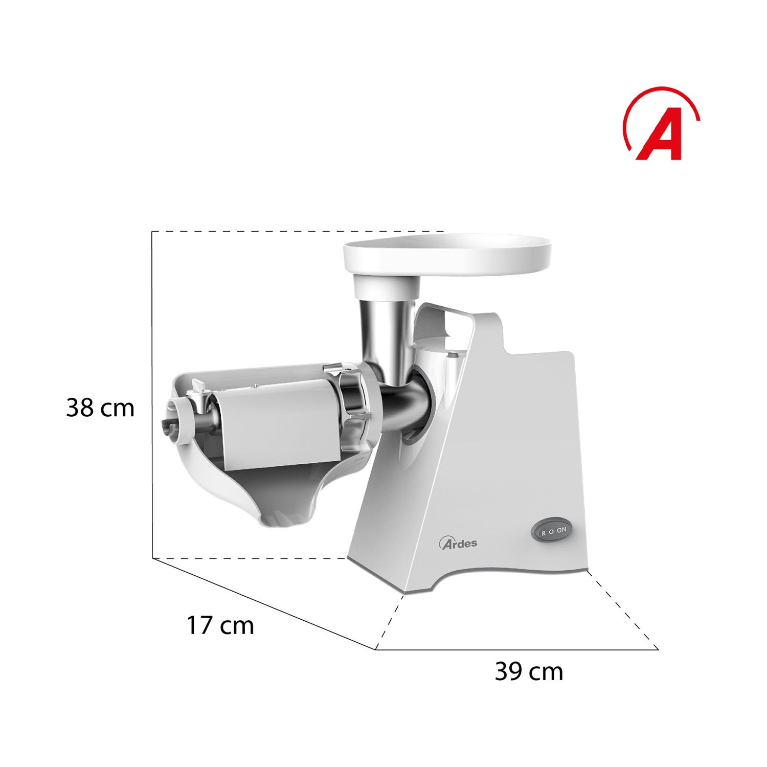 Robot da cucina bianco con dimensioni indicate. Ha un pulsante on/off e un logo Ardes. Un logo "A" rosso in alto a destra.