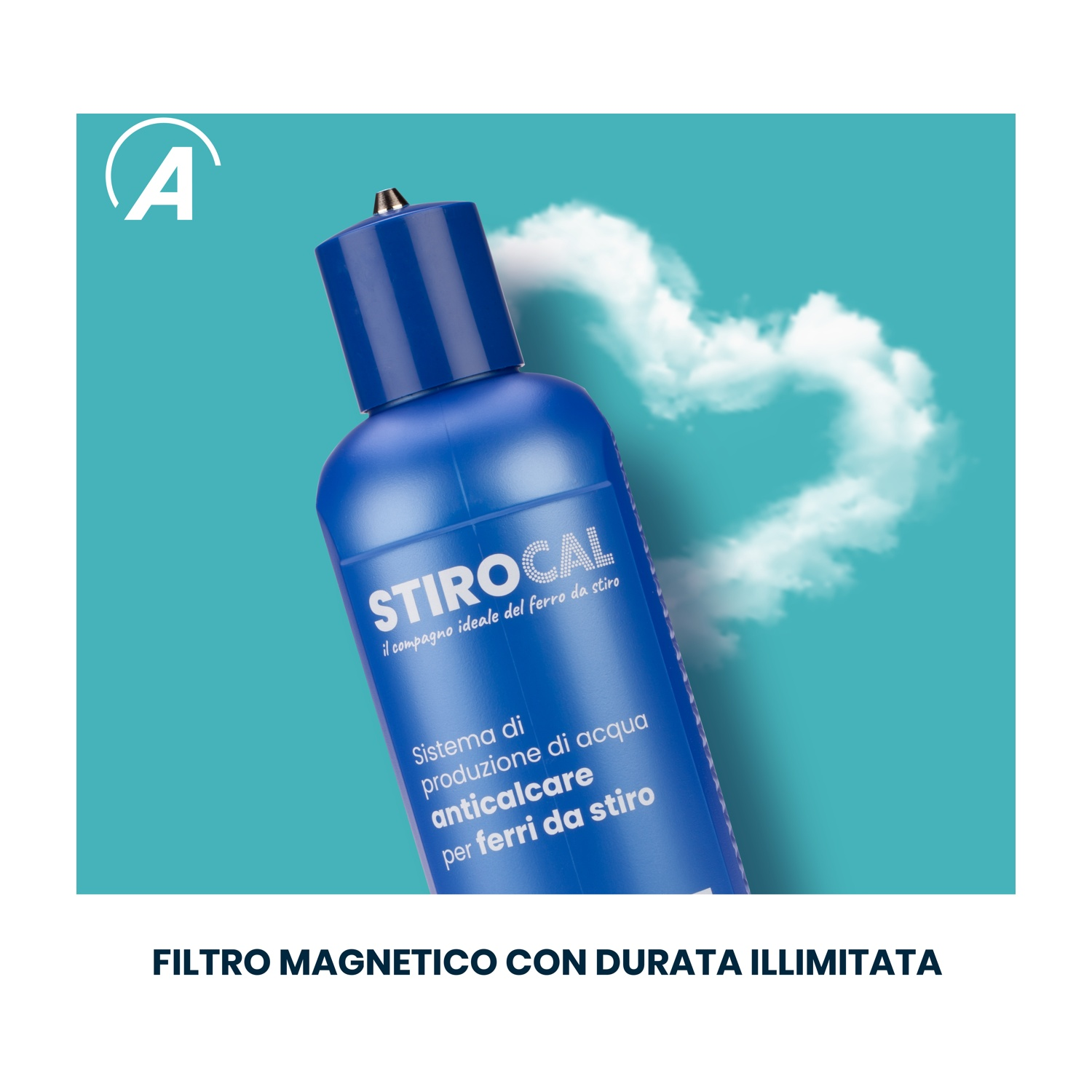 Una bottiglia blu con testo bianco, una nuvola a forma di cuore e il testo 'STIROCAL' su sfondo turchese. Testo in basso.