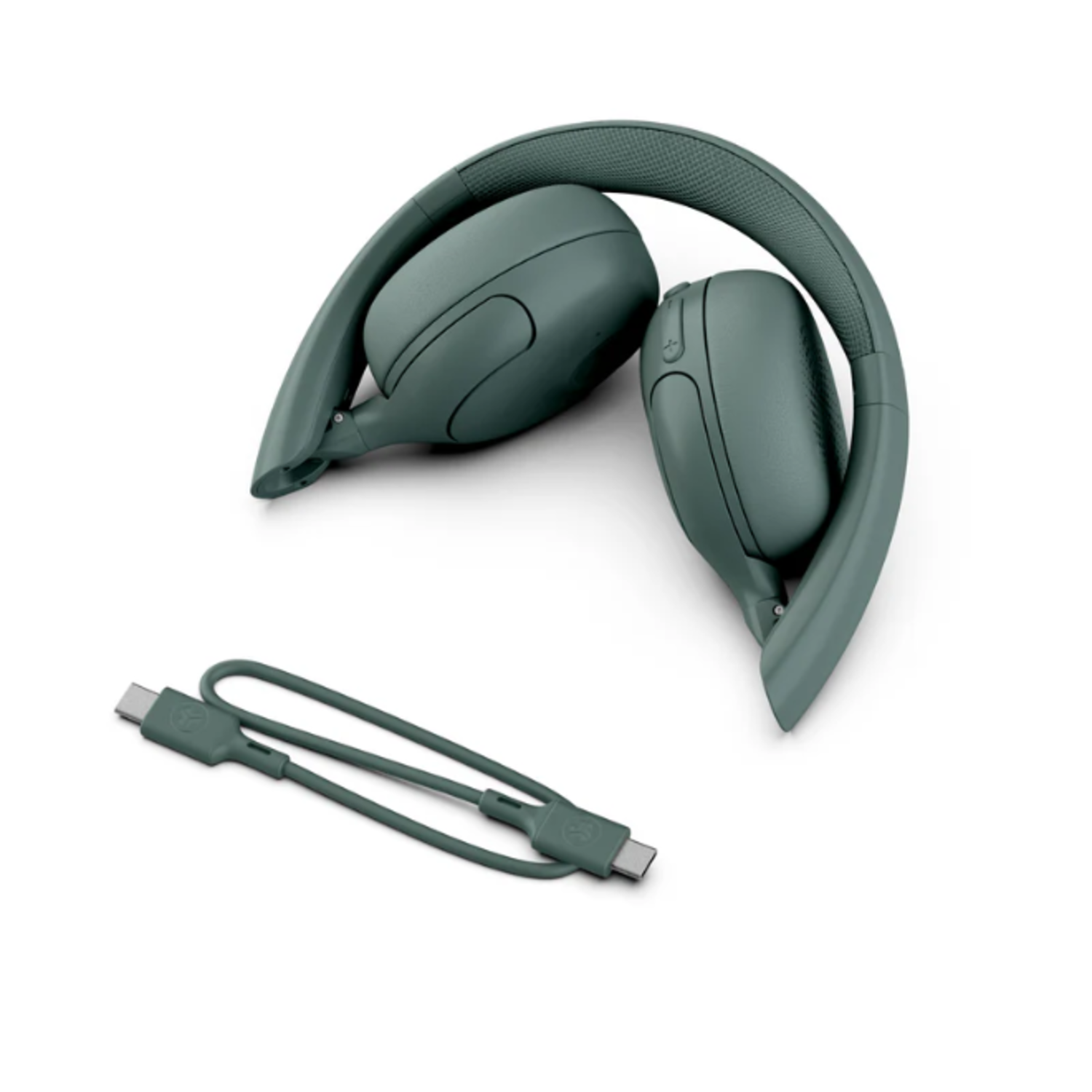 Folded green headphones and a matching USB-C cable lie on a white background. The headphones are centered, cable below.