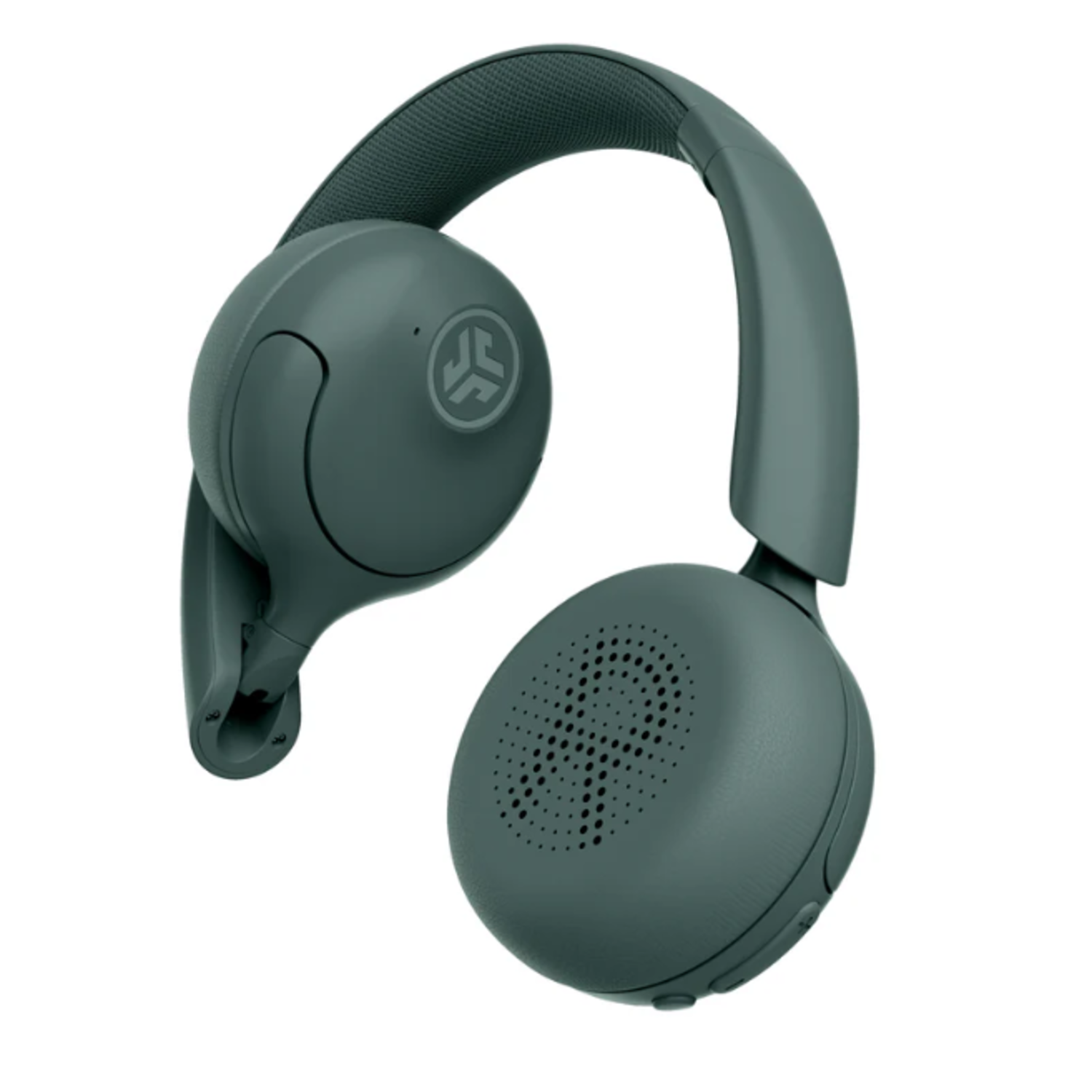 A teal-colored over-ear headphone. The earcups are round with perforated speaker covers. The headband is padded and the JLab logo is visible.