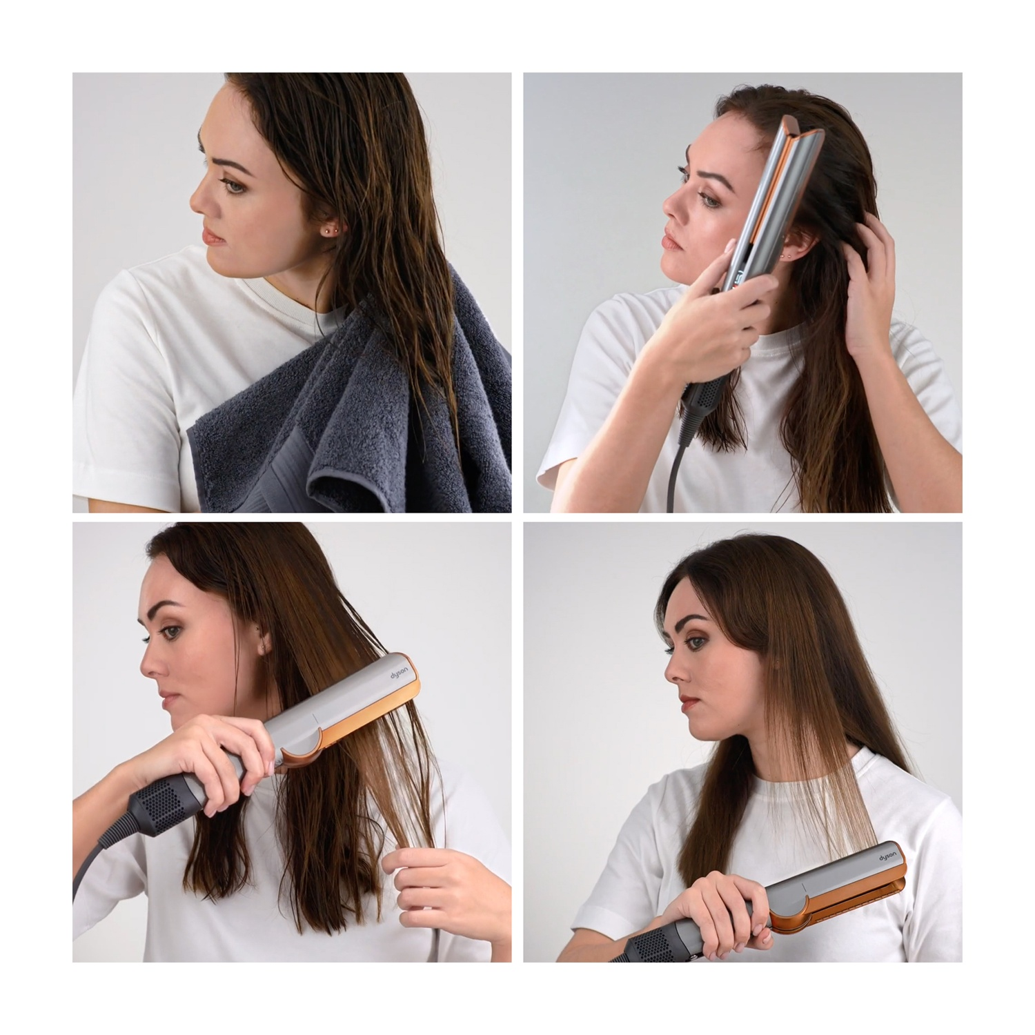 Una donna usa una piastra per capelli. Ha i capelli bagnati e indossa una maglietta bianca. Lo sfondo è neutro.