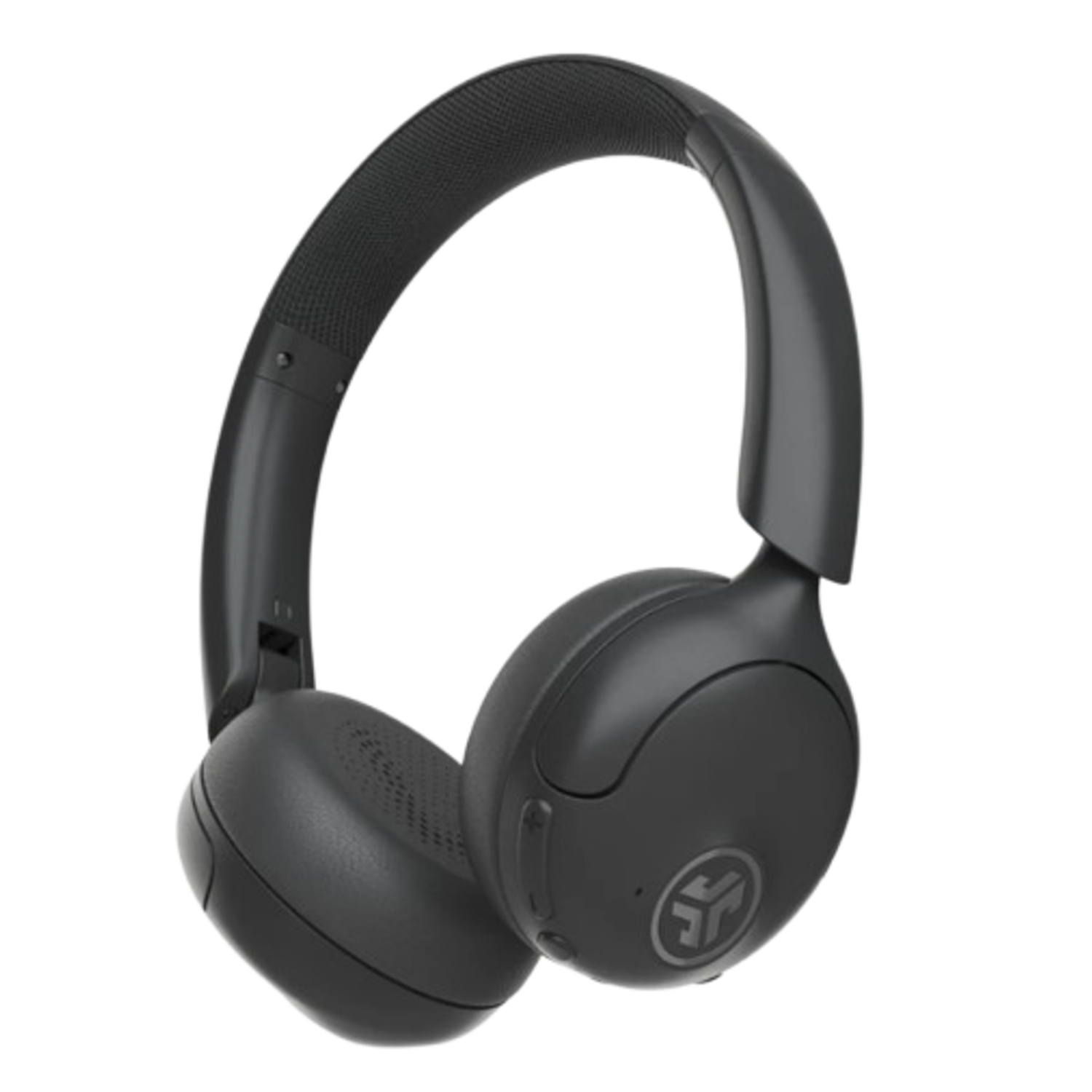 Zwarte over-ear koptelefoon, schuine weergave. De hoofdband buigt over de bovenkant. Oorschelpen met logo.