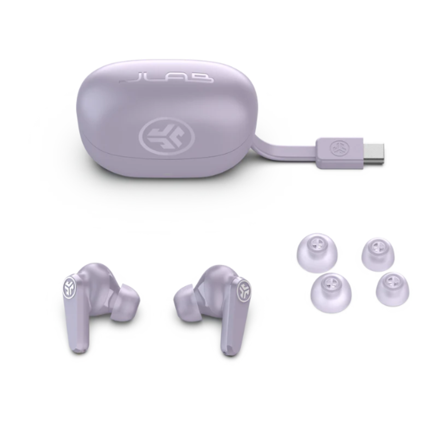 Lavendelkleurige JLab oortelefoons set. Inclusief oplaadcase, twee oortelefoons en extra oortips. Alles op een witte achtergrond.