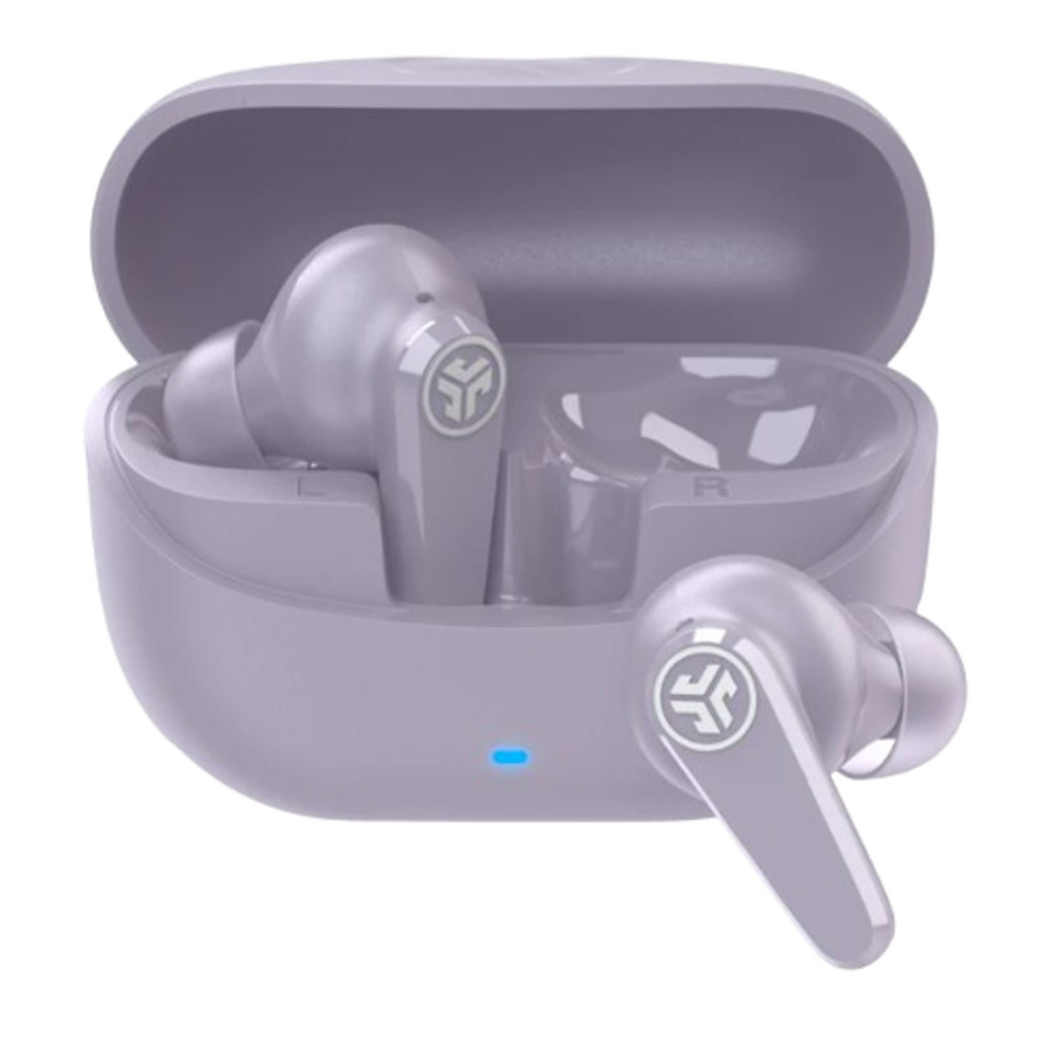 Lilac earbuds in a case. One earbud is outside. The case is open, showing the interior. A blue light is visible.