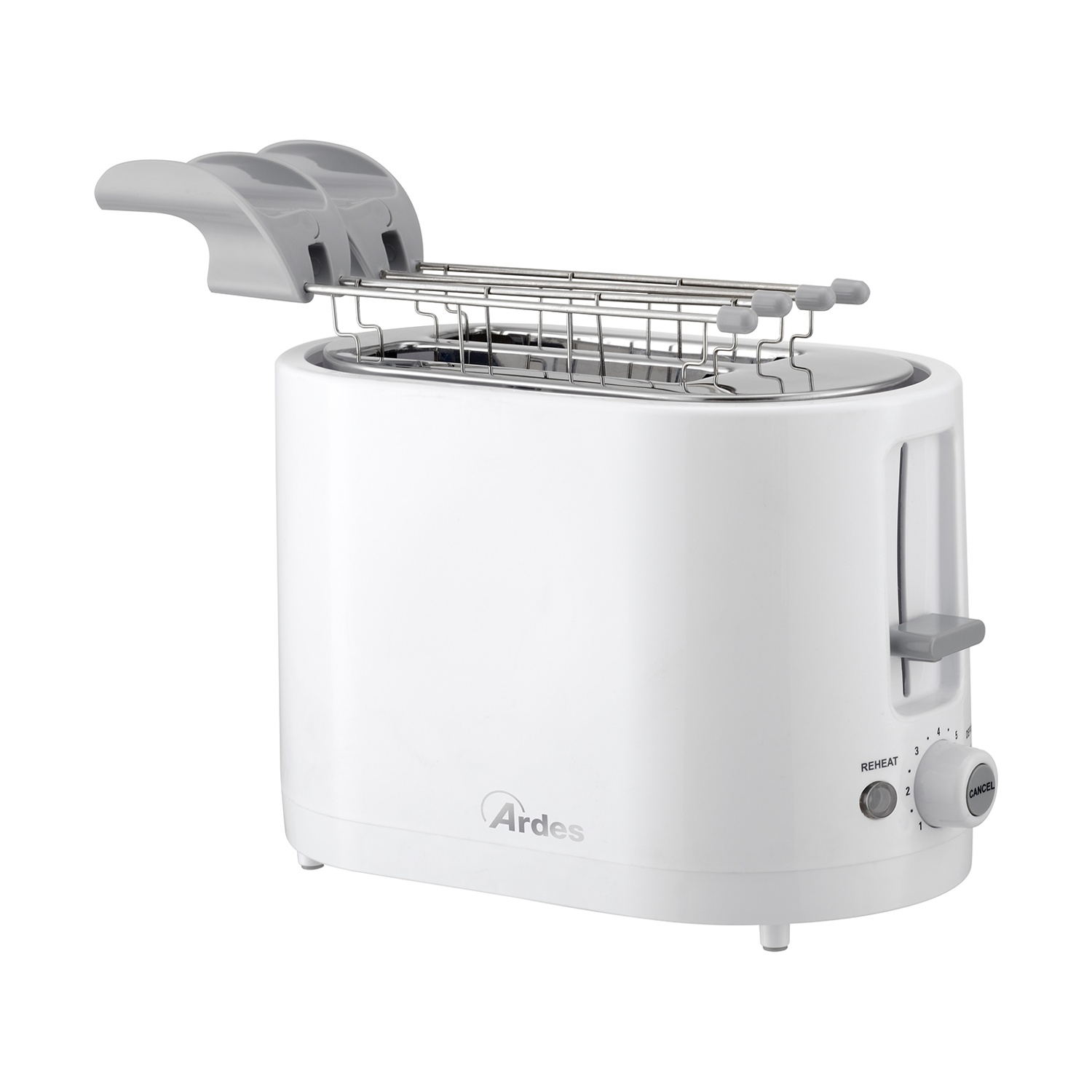 Tostapane Ardes bianco con accenti grigi, rastrelliera sollevabile e manopola di controllo. Tasti "Reheat" e "Cancel" visibili.