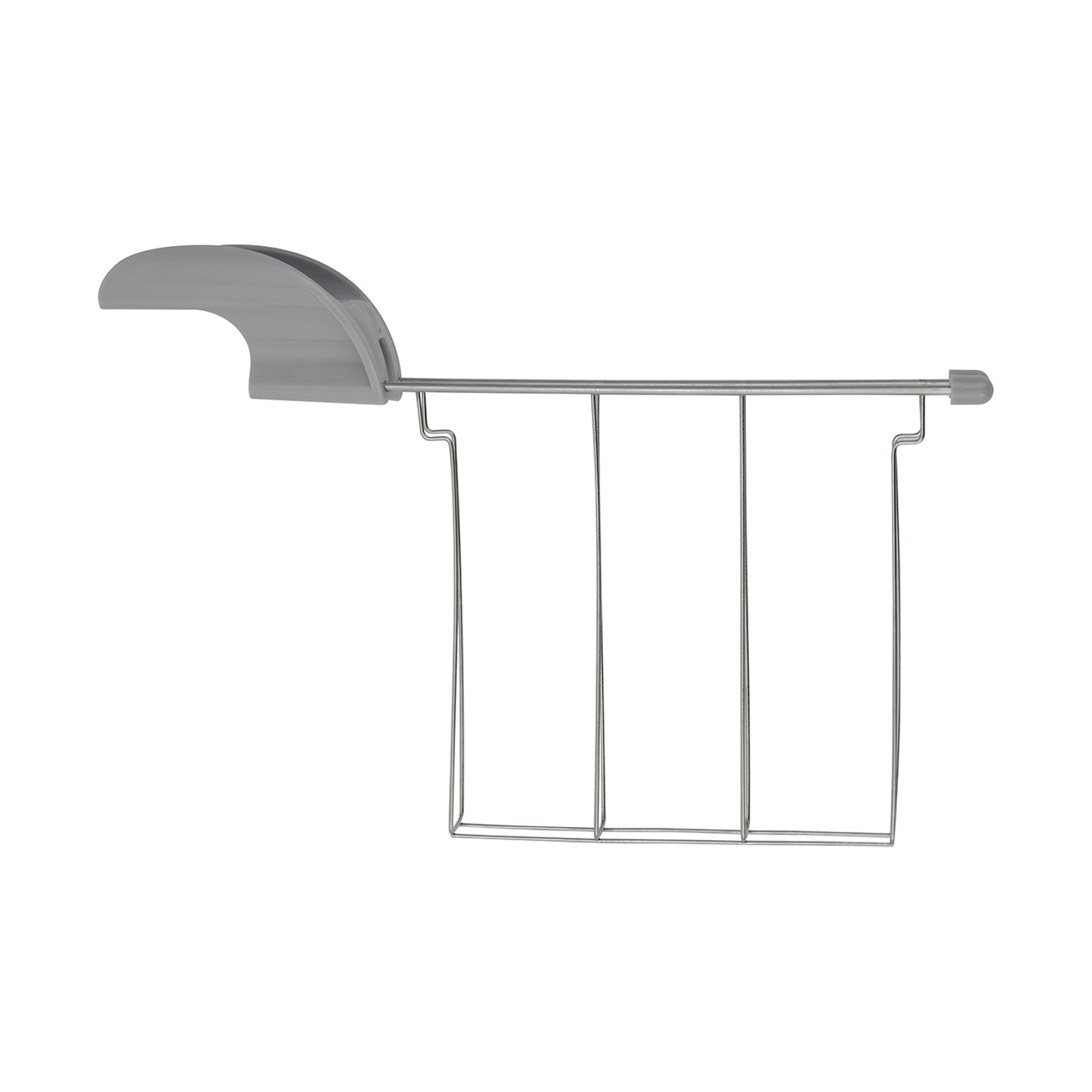 Uno scolapiatti in metallo grigio. Ha un manico curvo e un telaio in filo metallico con divisori verticali, su sfondo bianco.