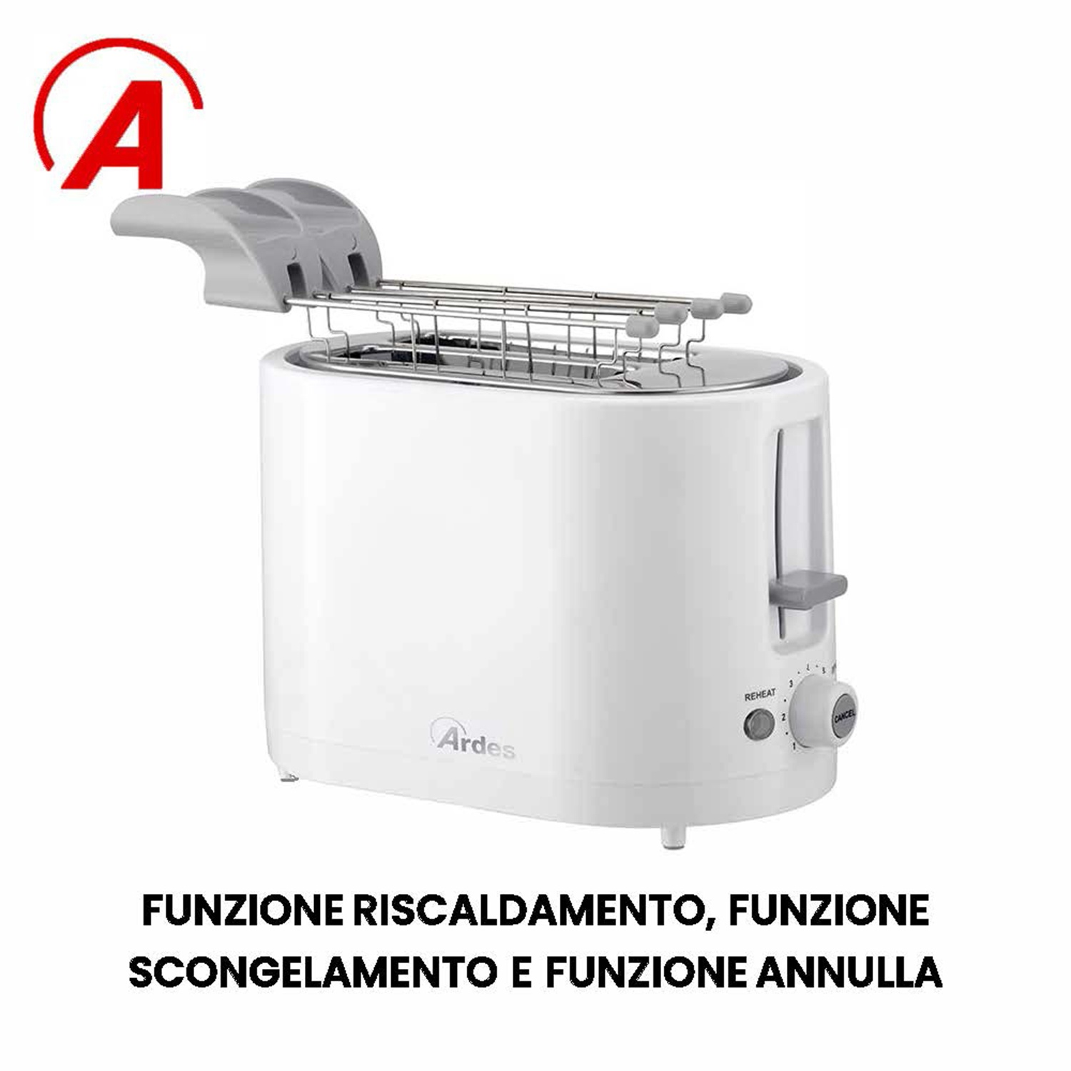Tostapane bianco con parte superiore e manico grigi. Ha un quadrante e dei pulsanti. Il logo Ardes è sul lato.