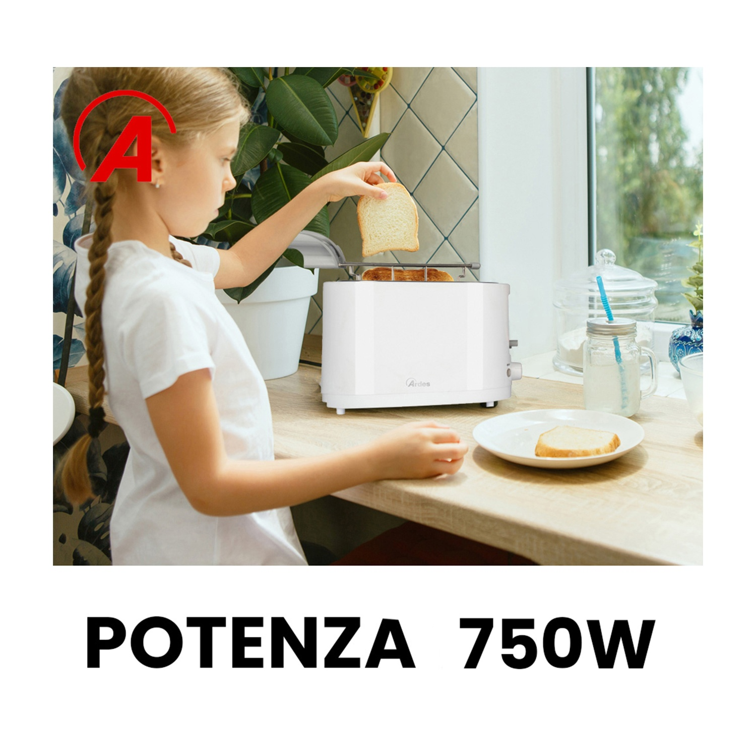 Una ragazza mette il pane tostato in un tostapane bianco. Una fetta di pane tostato è su un piatto. La scena è vicino a una finestra, con testo sotto.