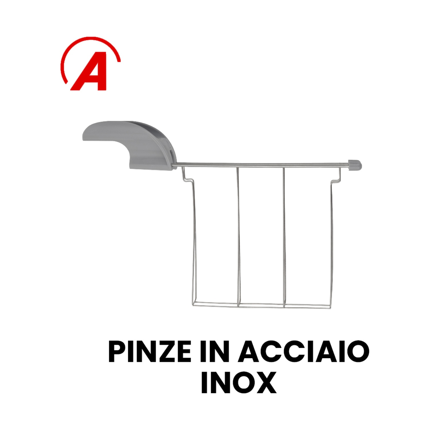 Un logo rosso, una rastrelliera in filo metallico e la scritta 'PINZE IN ACCIAIO INOX' su sfondo bianco.