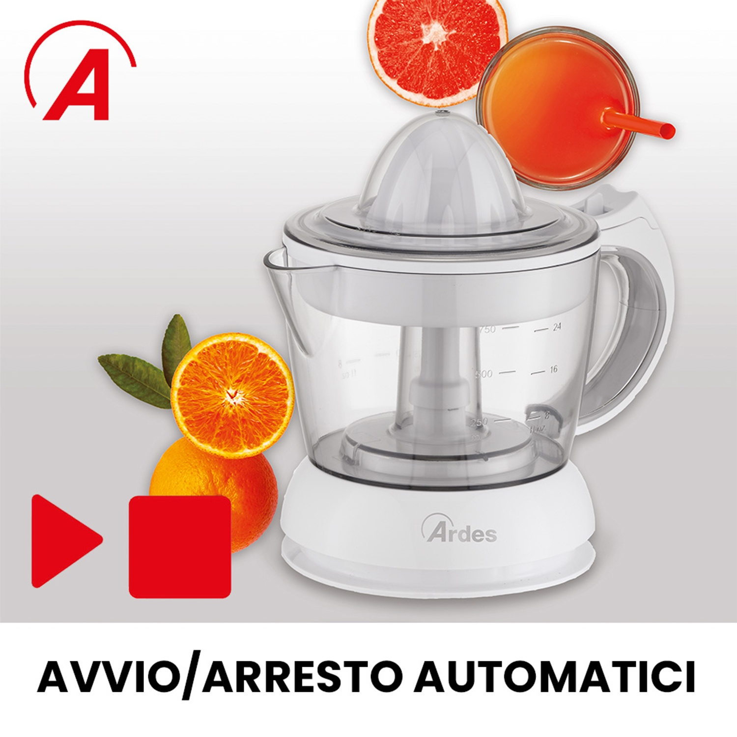 Uno spremiagrumi con arance e pompelmi. Un bicchiere di succo d'arancia. Pulsanti rossi di riproduzione e stop. Testo: AVVIO/ARRESTO AUTOMATICI.