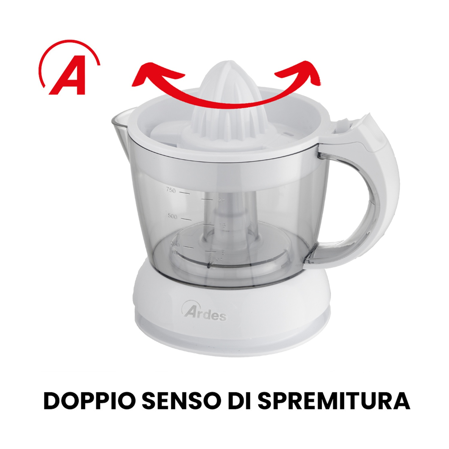 Una centrifuga bianca e trasparente con una freccia rossa, il testo 'DOPPIO SENSO DI SPREMITURA' è in basso.