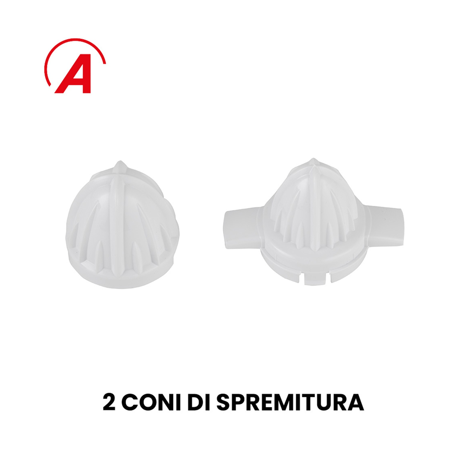 Due coni spremiagrumi bianchi. Sopra, una lettera A rossa in un cerchio. Sotto, testo in italiano.