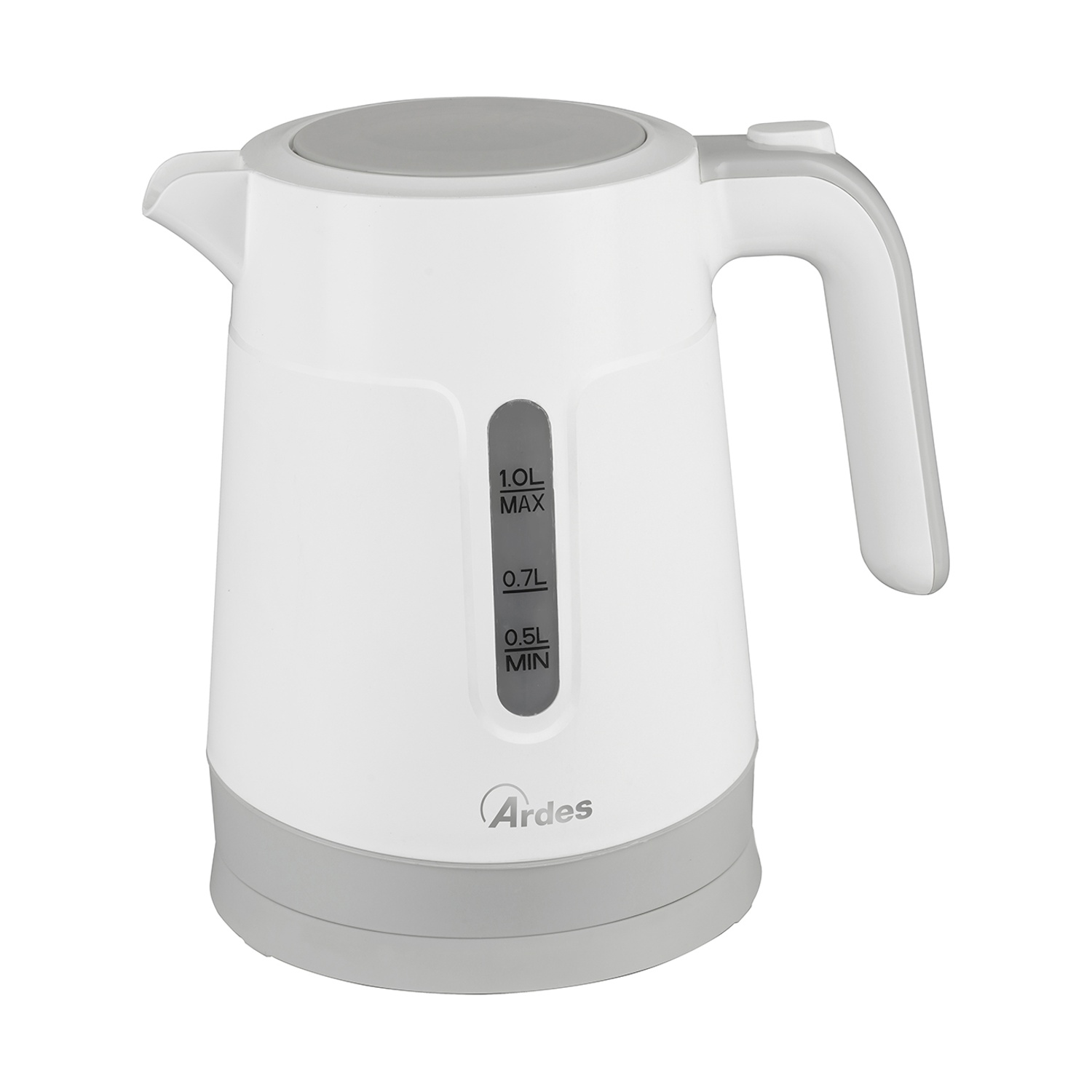 Bollitore elettrico bianco con dettagli grigi. Presenta un manico, un beccuccio e un indicatore del livello dell'acqua. Il marchio è 'Ardes'.
