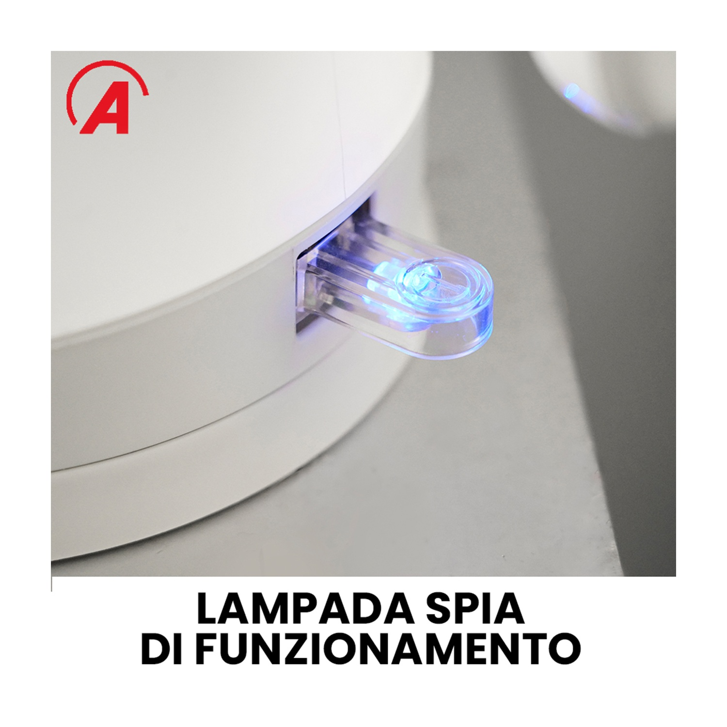 Un dispositivo bianco con una luce blu trasparente. Il testo in basso dice 'LAMPADA SPIA DI FUNZIONAMENTO'.