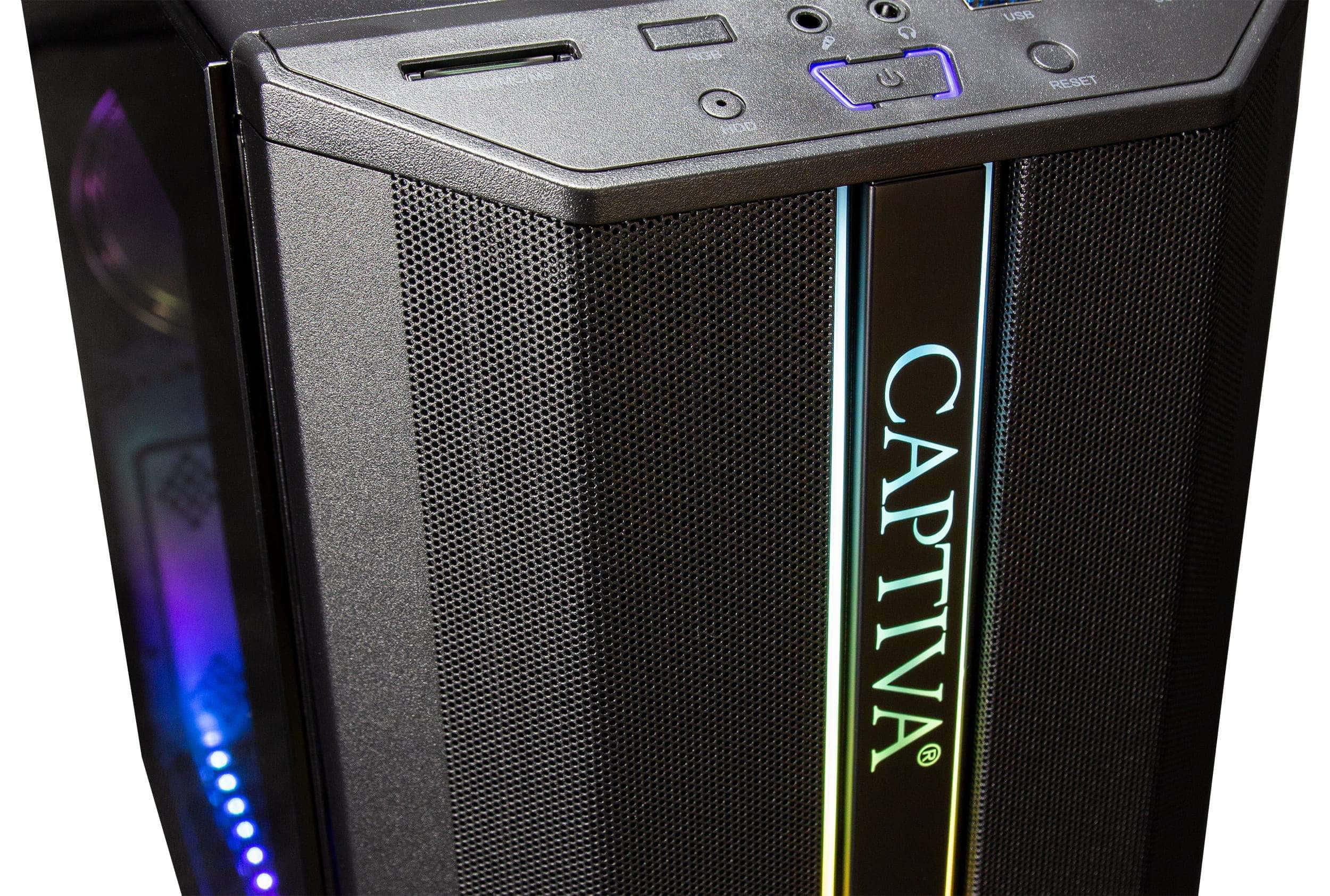Vorderseite eines schwarzen Computergehäuses. Es hat das Wort CAPTIVA vertikal und eine Netzvorderseite. Es hat Strom- und USB-Anschlüsse.