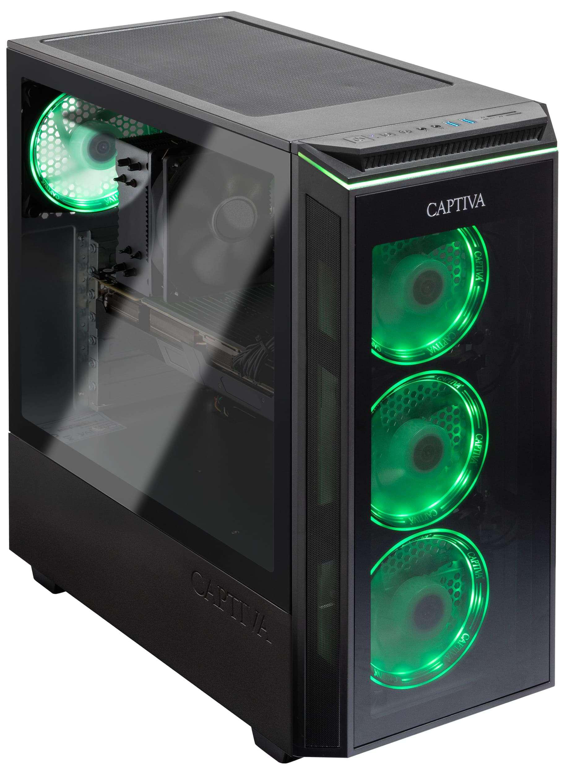 Schwarzes Computergehäuse mit Glasseite. Drei grün beleuchtete Lüfter sind sichtbar, zusammen mit internen Komponenten. 'Captiva'-Logo vorhanden.