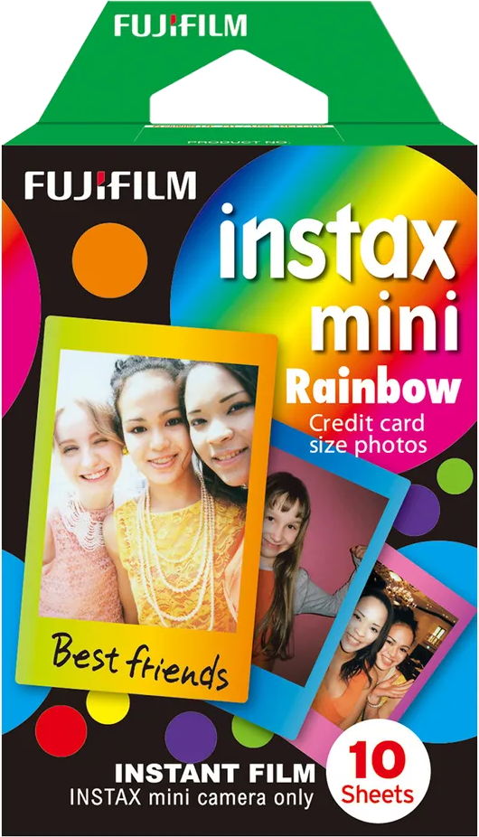 Doosje Fujifilm Instax Mini Rainbow film. Toont foto's van lachende meisjes. Tekst zegt 'Beste vrienden' en '10 vellen'.