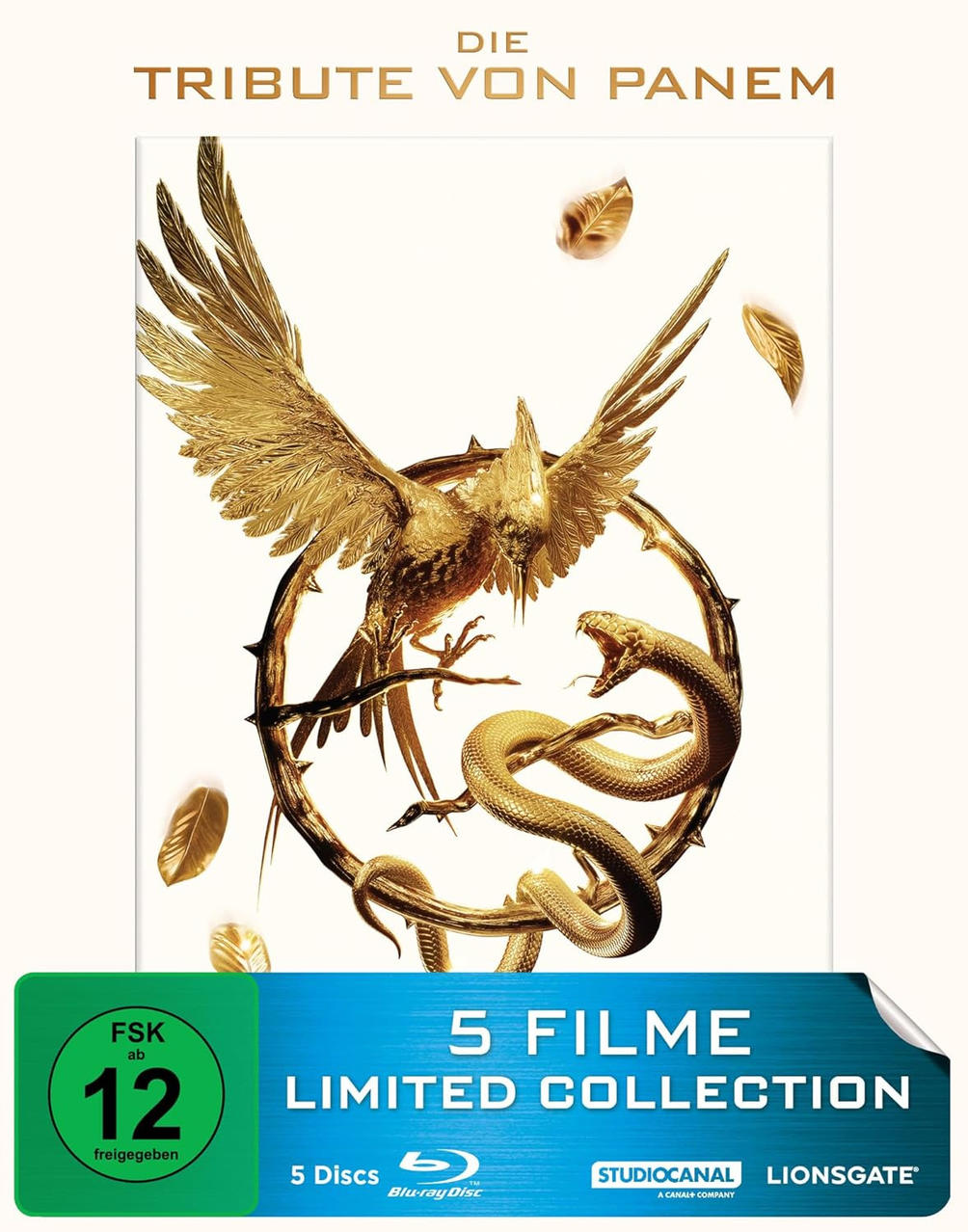 Goldener Vogel mit ausgebreiteten Flügeln, umgeben von einer Schlange auf weißem Hintergrund. Text: 'Tribute von Panem' und '5 Filme Limited Collection'.