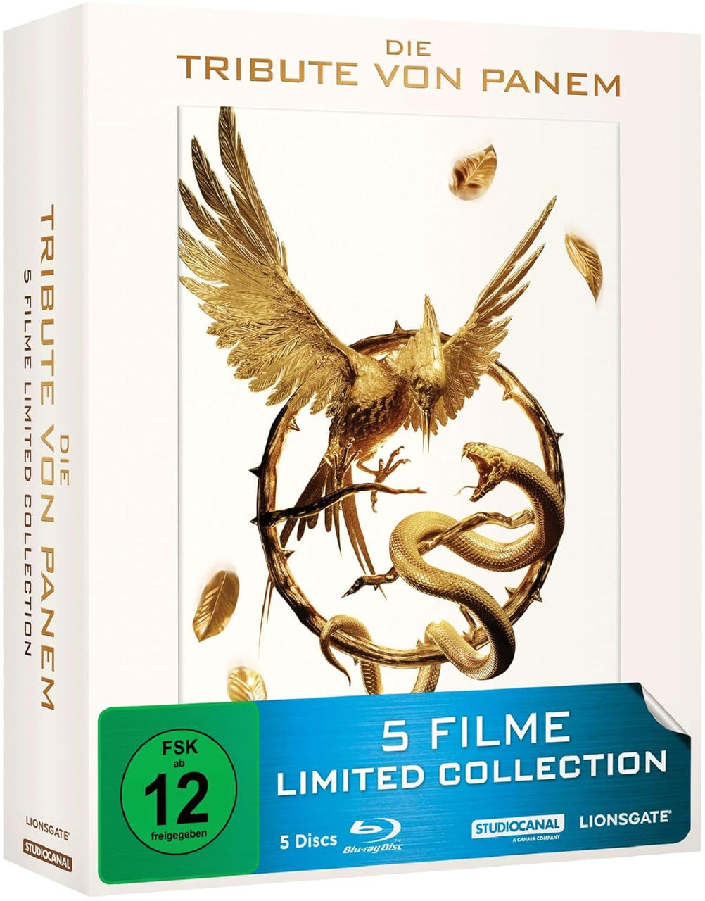 Box-Set der Tribute von Panem-Filme. Goldener Vogel, Schlangen und Blätter auf dem Cover. Enthält den Text "5 Filme Limited Collection".