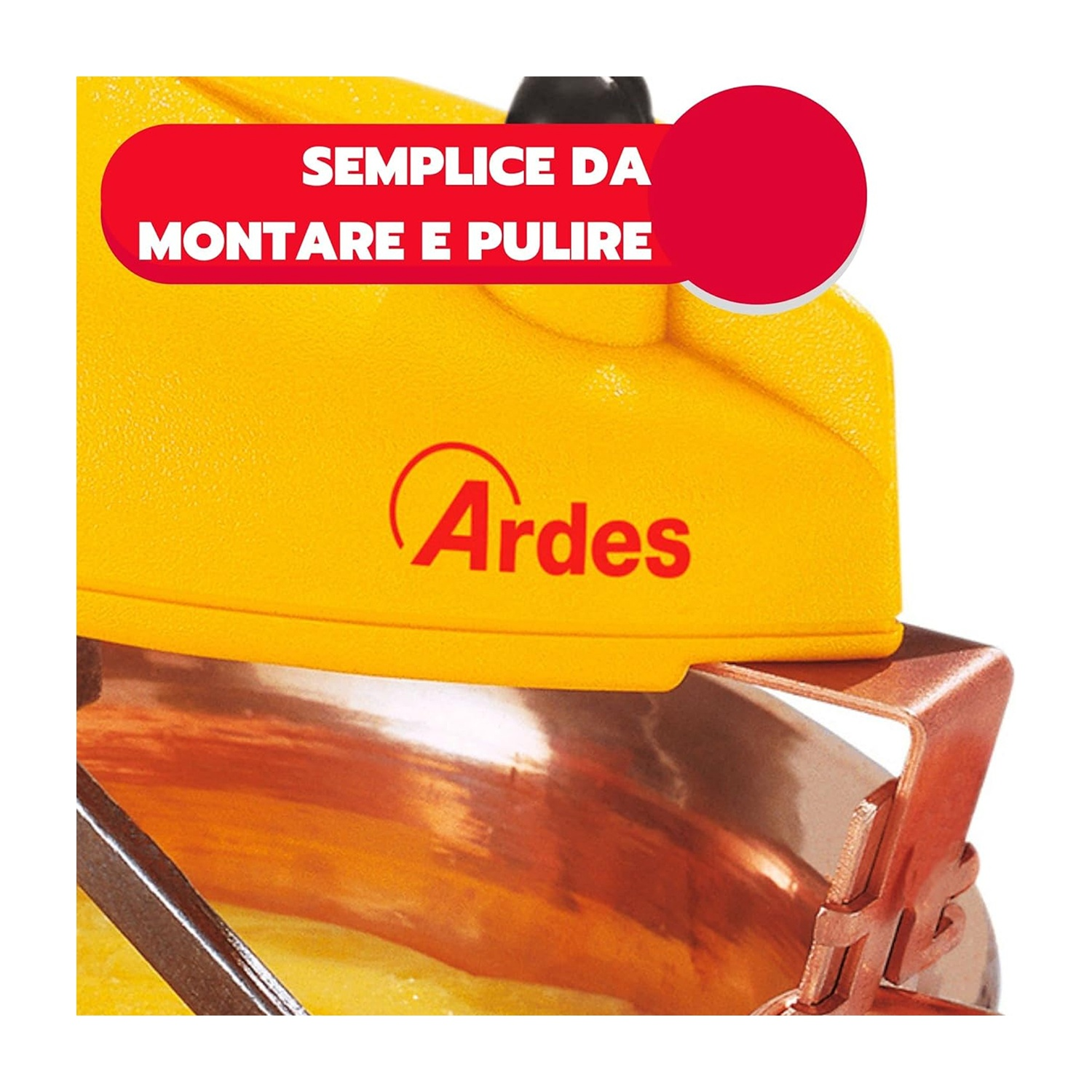Elettrodomestico da cucina giallo con testo rosso, 'SEMPLICE DA MONTARE E PULIRE' e logo 'Ardes'. Parte inferiore color rame.