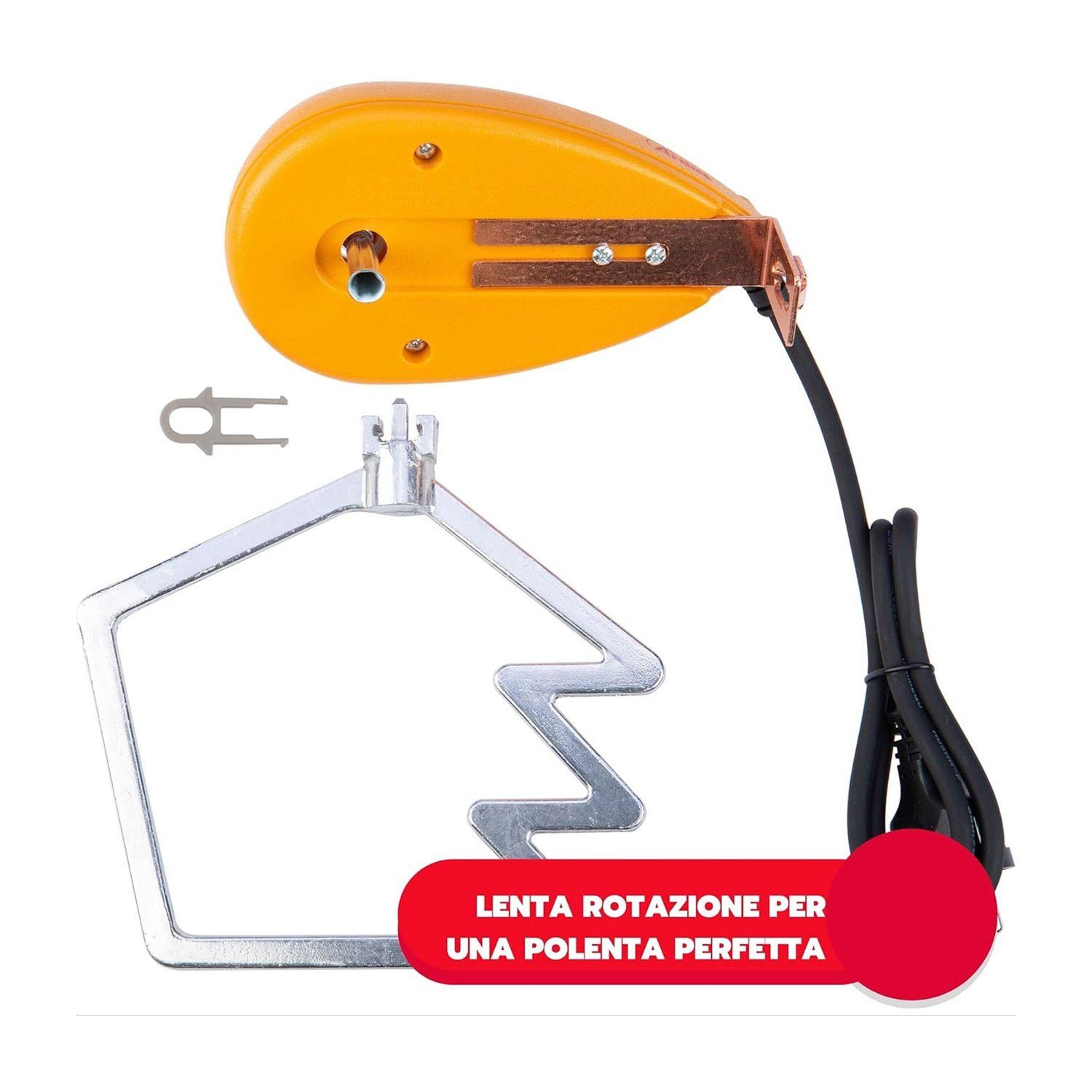 Un mescolatore elettrico arancione per polenta. Include un telaio in metallo, contatti in rame e un banner rosso con testo italiano.
