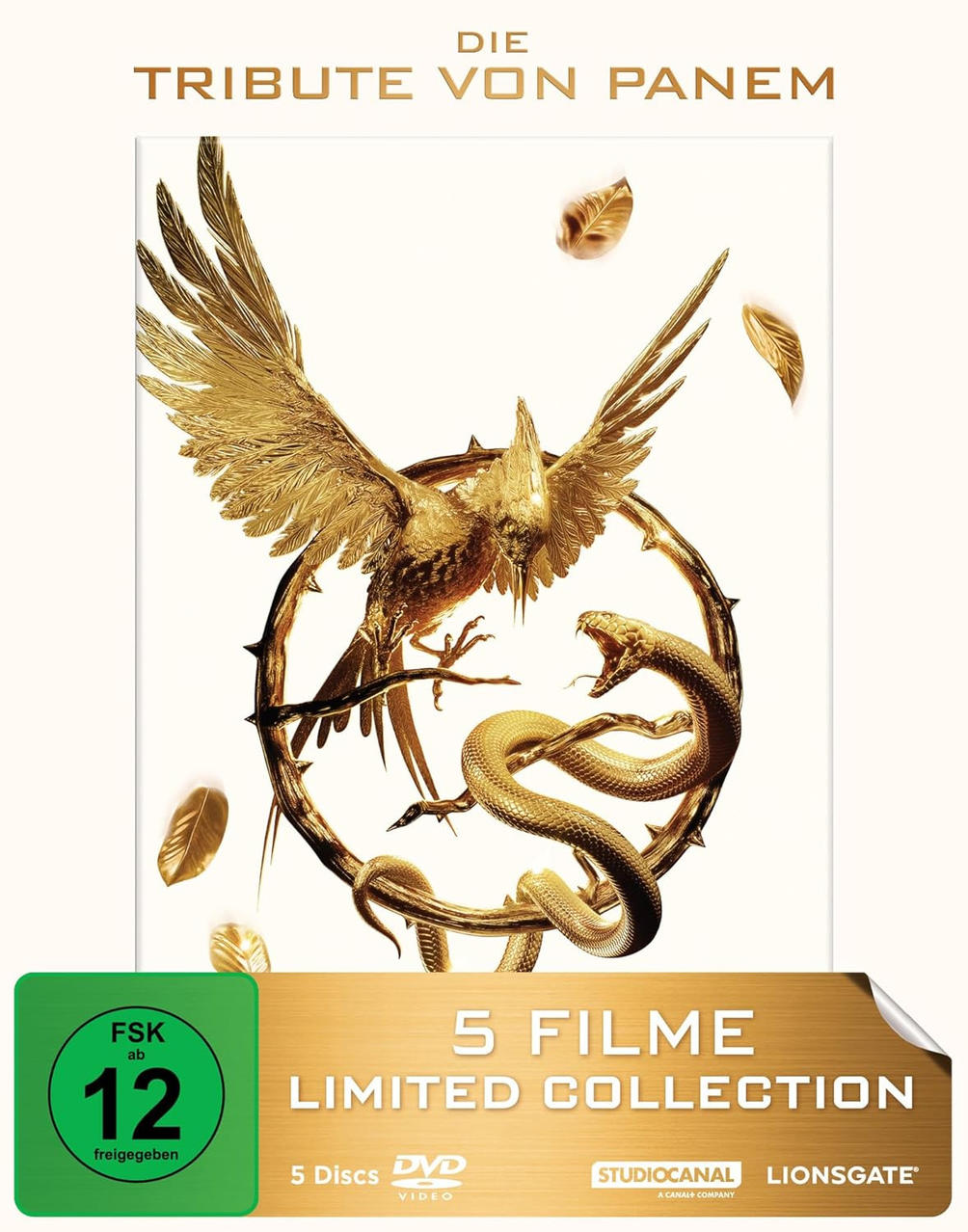 Goldener Vogel und Schlange in einem goldenen Ring auf weißem Hintergrund. Titel: 'Die Tribute von Panem'. Es ist eine DVD-Sammlung.