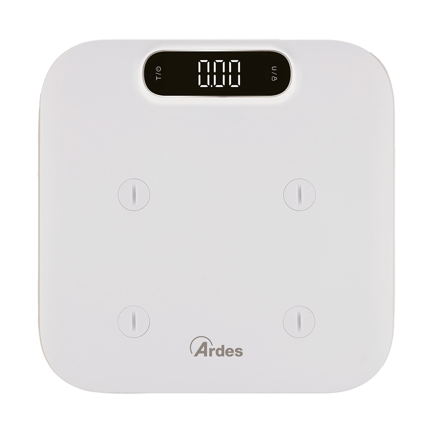 Una bilancia da bagno digitale bianca. Ha un display digitale che mostra 0,00. Il marchio è Ardes. Ci sono quattro cuscinetti circolari.