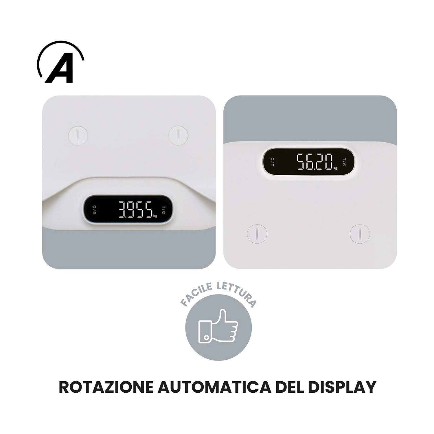 Due bilance digitali mostrano pesi: 3.955 kg e 56.20 kg. Logo e testo 'ROTAZIONE AUTOMATICA DEL DISPLAY' sotto.