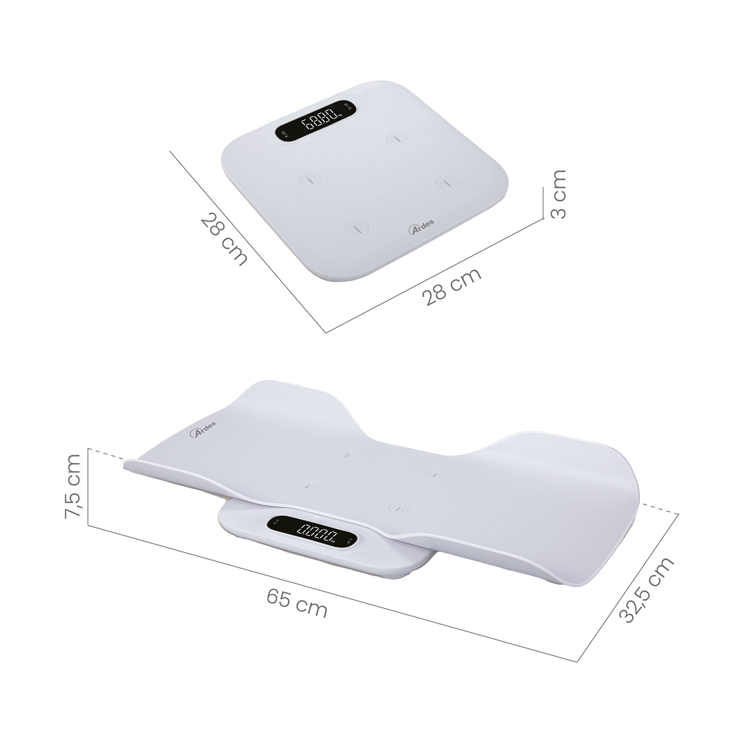 Sono mostrate due bilance per neonati bianche. Una è una piattaforma quadrata con display digitale. L'altra ha la forma di una culla curva, anch'essa con display.