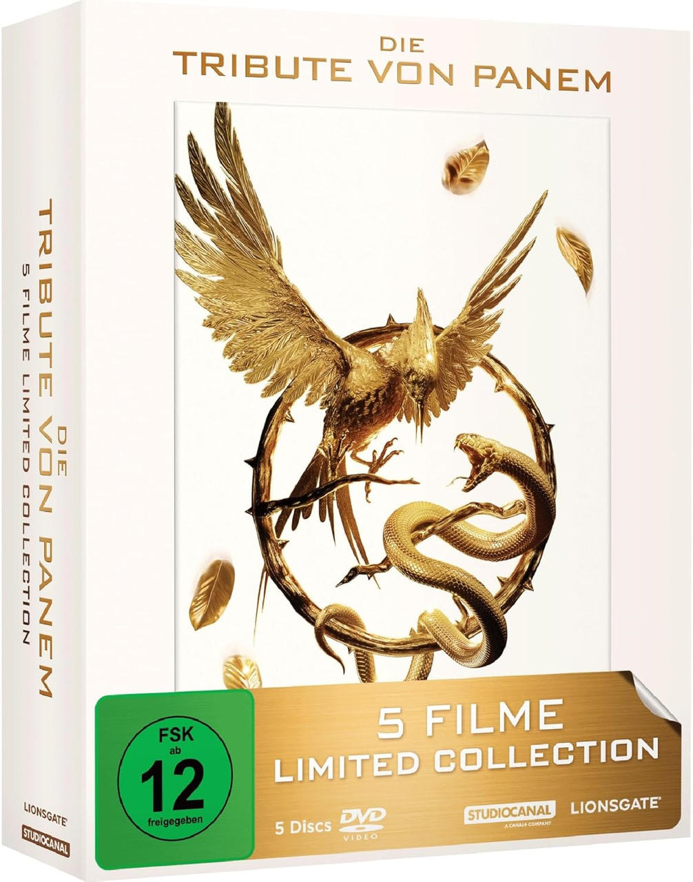 Ein goldener Vogel mit ausgebreiteten Flügeln ist das zentrale Bild des Box-Sets. Zwei goldene Schlangen sind darunter. Die Box ist 'Tribute von Panem'.