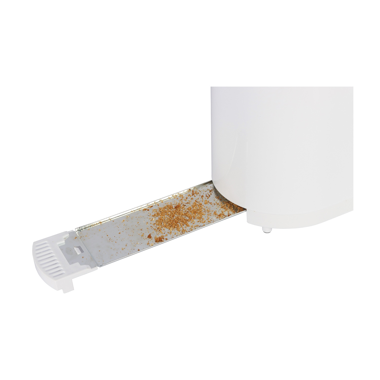 Un primo piano di un tostapane bianco con il vassoio raccogli briciole estratto, che mostra briciole di pane. Lo sfondo è bianco.