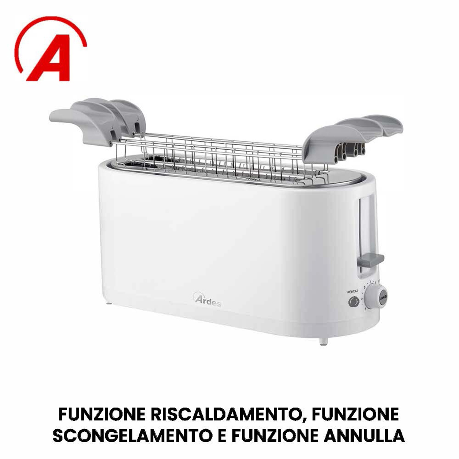 Un tostapane bianco con leve grigie. Ha funzioni di riscaldamento, scongelamento e annullamento. Il marchio è Ardes.
