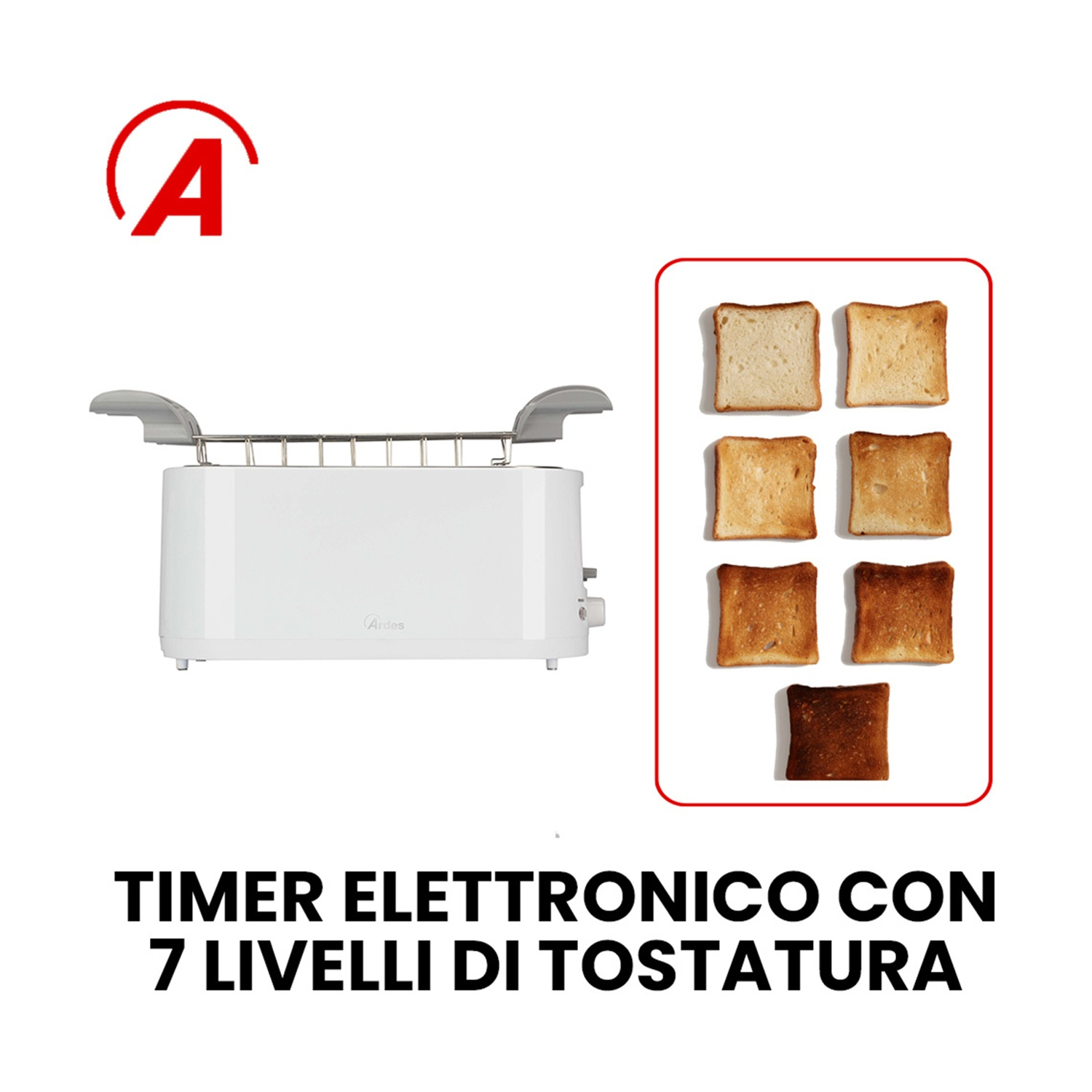 Un tostapane bianco con campioni di pane tostato. Il testo in basso dice: TIMER ELETTRONICO CON 7 LIVELLI DI TOSTATURA.