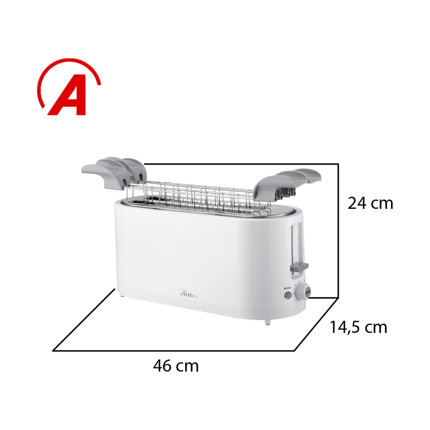 Tostapane Ardes bianco, dimensioni 46x14,5x24 cm. Presenta una leva, un quadrante e una parte superiore grigia. Il logo 'A' è in alto a sinistra.