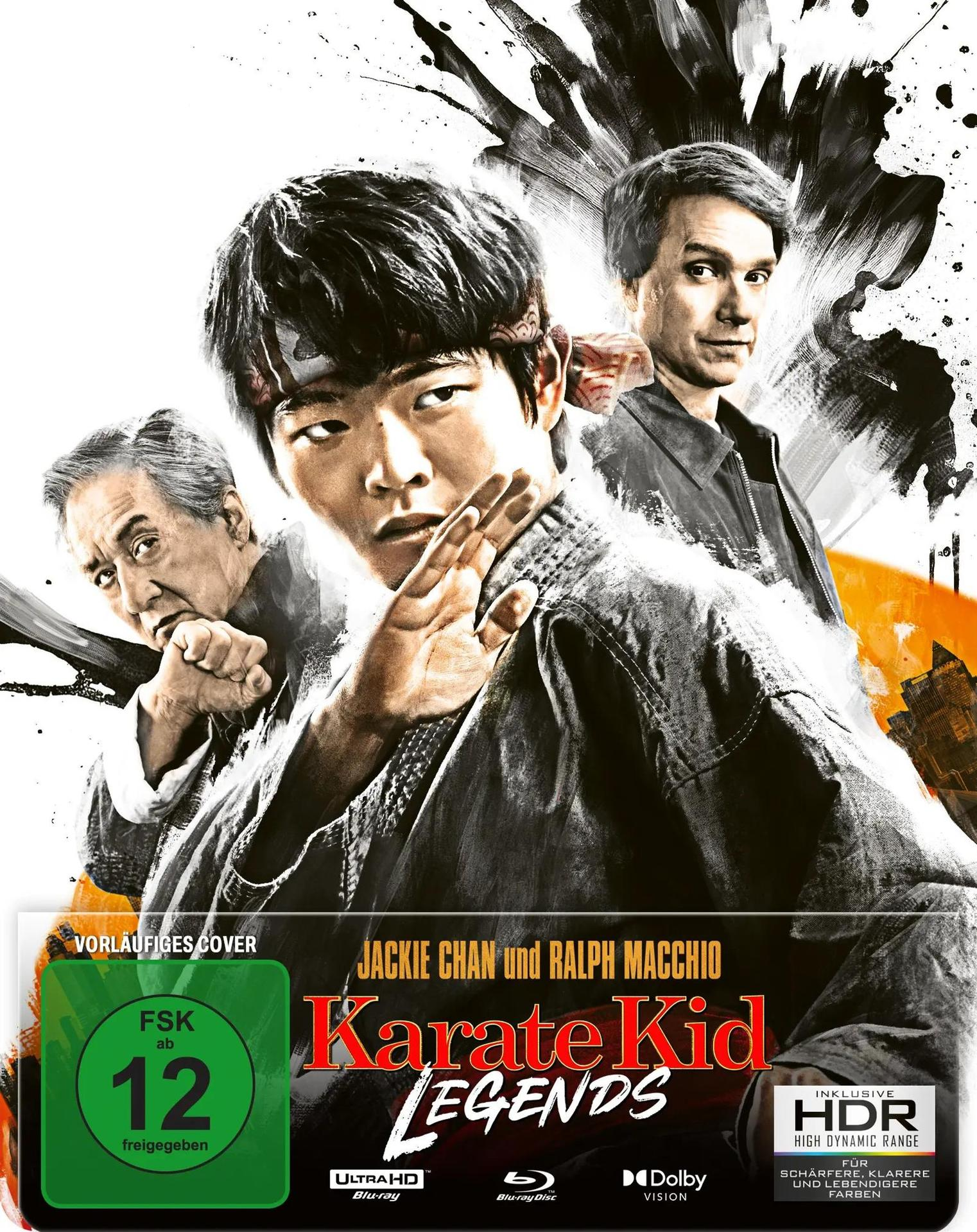 Cover von Karate Kid: Legends. Mit Jackie Chan, Ralph Macchio und einem anderen Mann. Grüner Kreis mit 'FSK ab 12'.